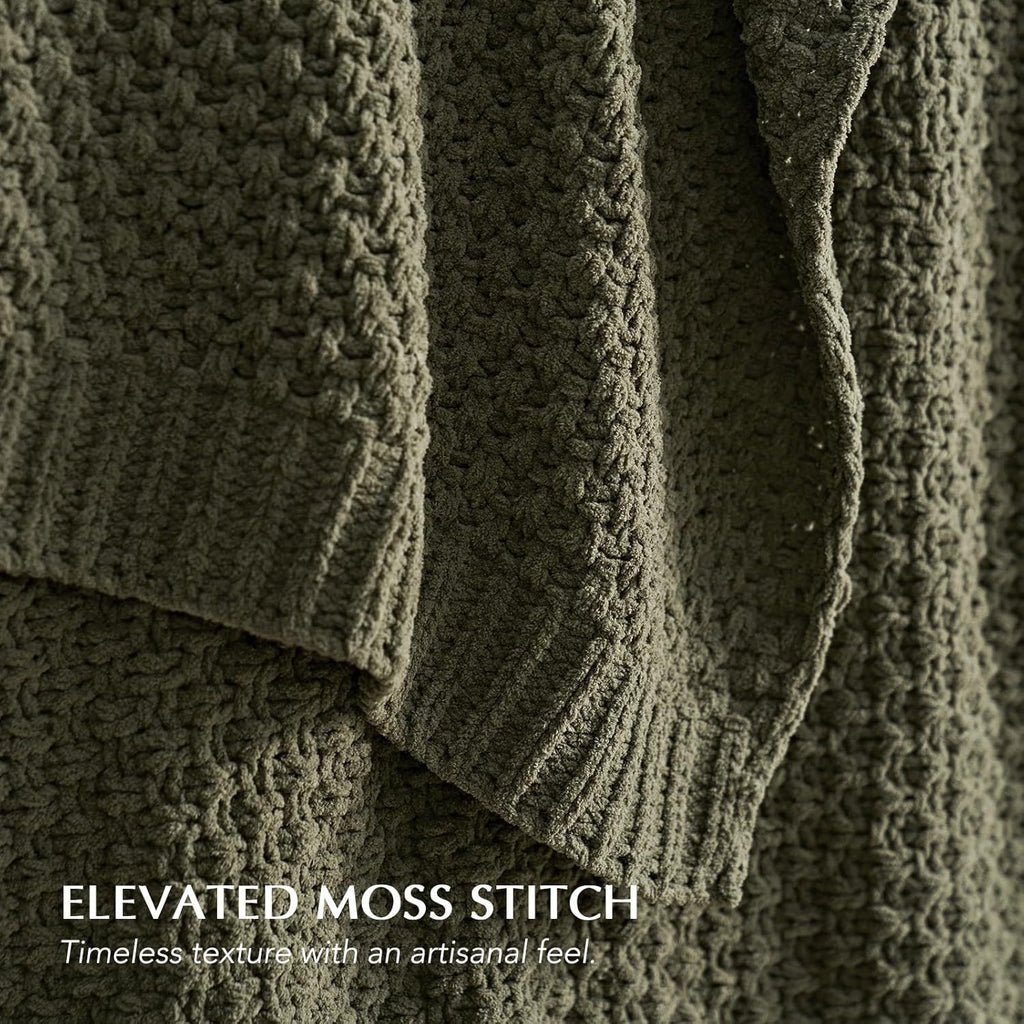 EVERGRACEHOME Chunky Chenille Knit Throw Blanket for Couch, Soft Luxurious Moss Stitch Blankets for Bed, Cozy Decorative Farmhouse Knitted Throws for Sofa, Olive Green, 50" x 60"