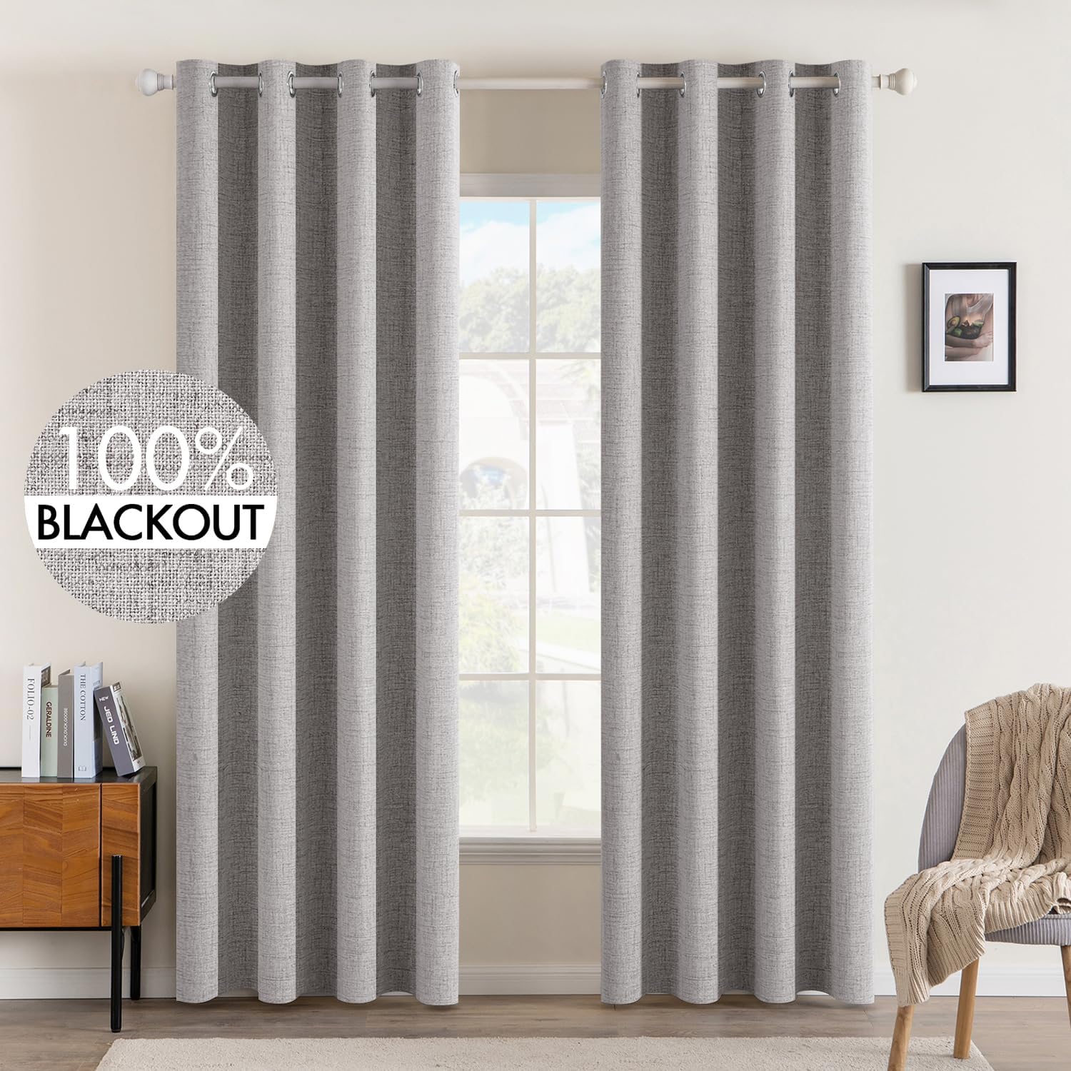 MIULEE 100% Blackout Linen Textured Curtains for Bedroom Solid Thermal Insulated Copper Brown Grommet Room Darkening Curtains & Drapes Luxury Decor for Living Room Nursery 52 x 84 Inch (2 Panels)