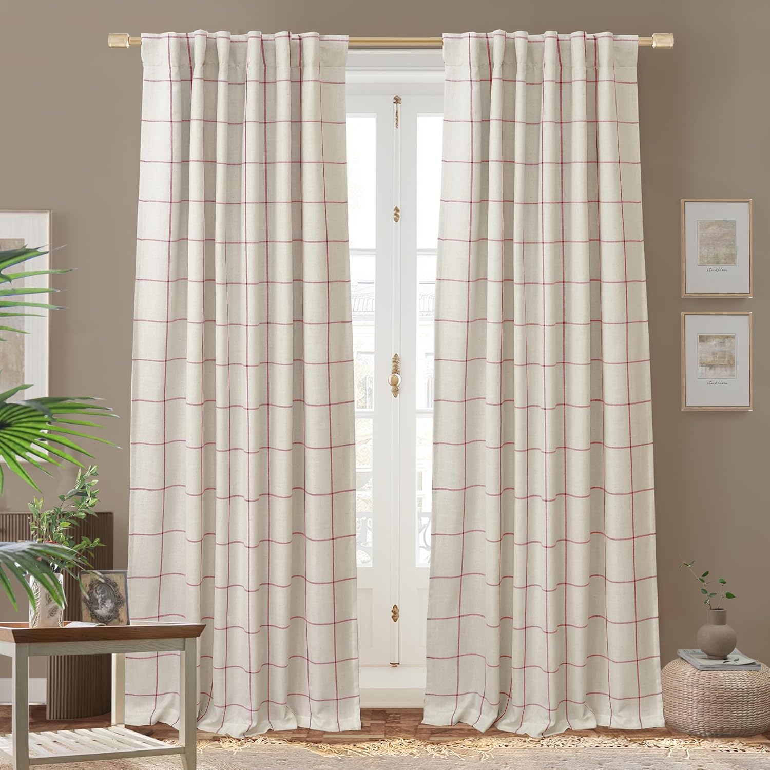 DriftAway 2 Panels 100% Blackout Windowpane Plaid Linen Curtains Double Layer Drapes for Bedroom 84 Inches Long Farmhouse Thermal Insulated 3.25 Inch Rod Pocket Back Tab for Living Room Taupe