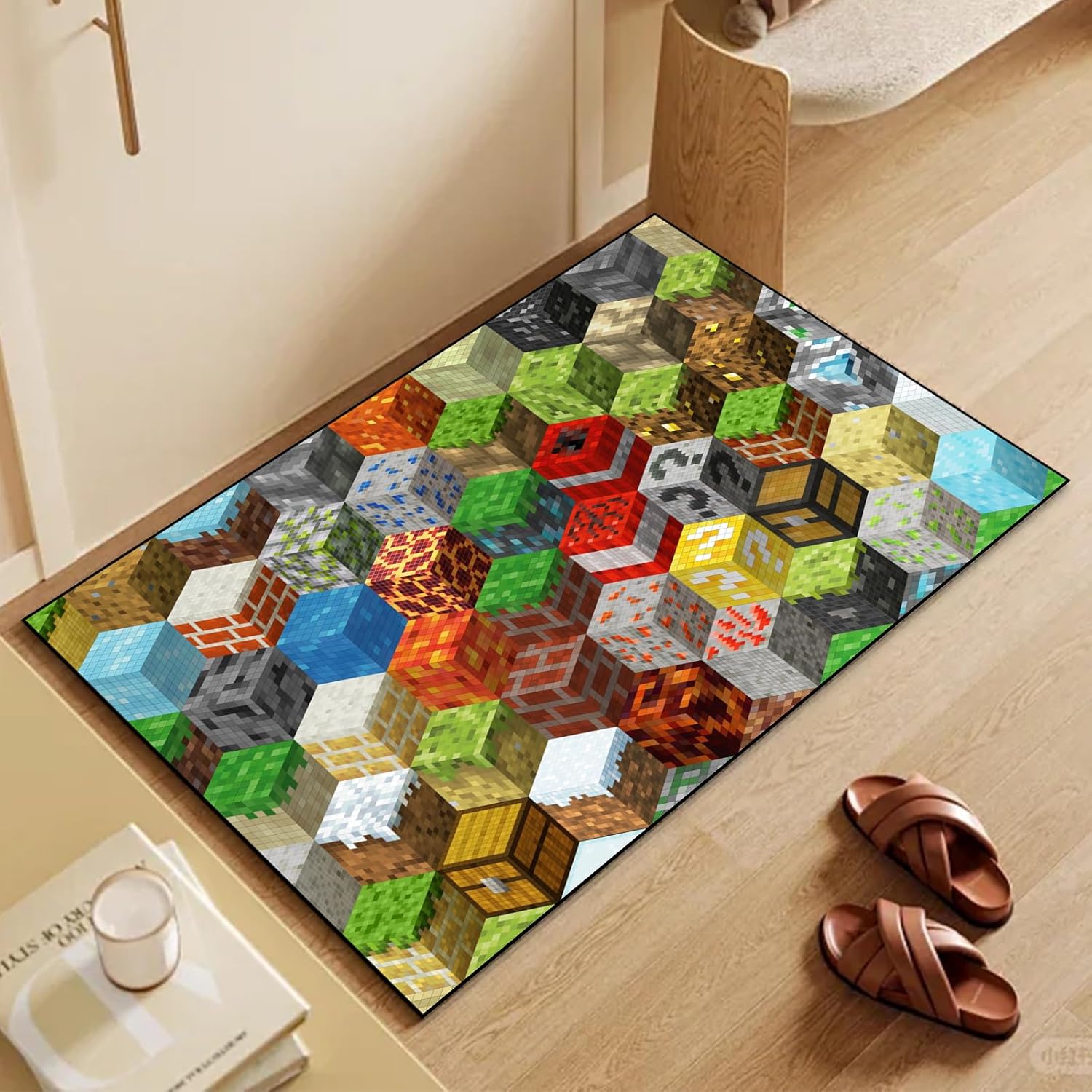 Block Game Rug Teen Boys Carpet with Pixel Games Element Decoration Mat, Cube Block Game Rugs for Boy’s Bedroom Living Room Playroom, Non-Slip Children Gaming Area Rugs (79" x 59")