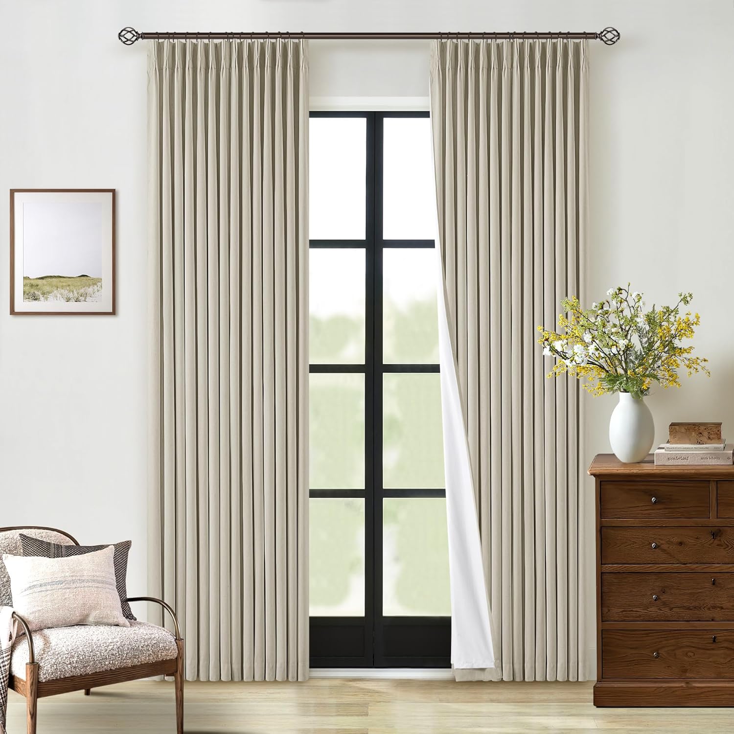 102 Inches Long Pinch Pleated Linen Blackout Curtains for Bedroom Back Tab Track Memory Trained Shape Farmhouse Light Blocking Curtains 102 Inch Length for Living Dining Room Darkening Drapes Cream