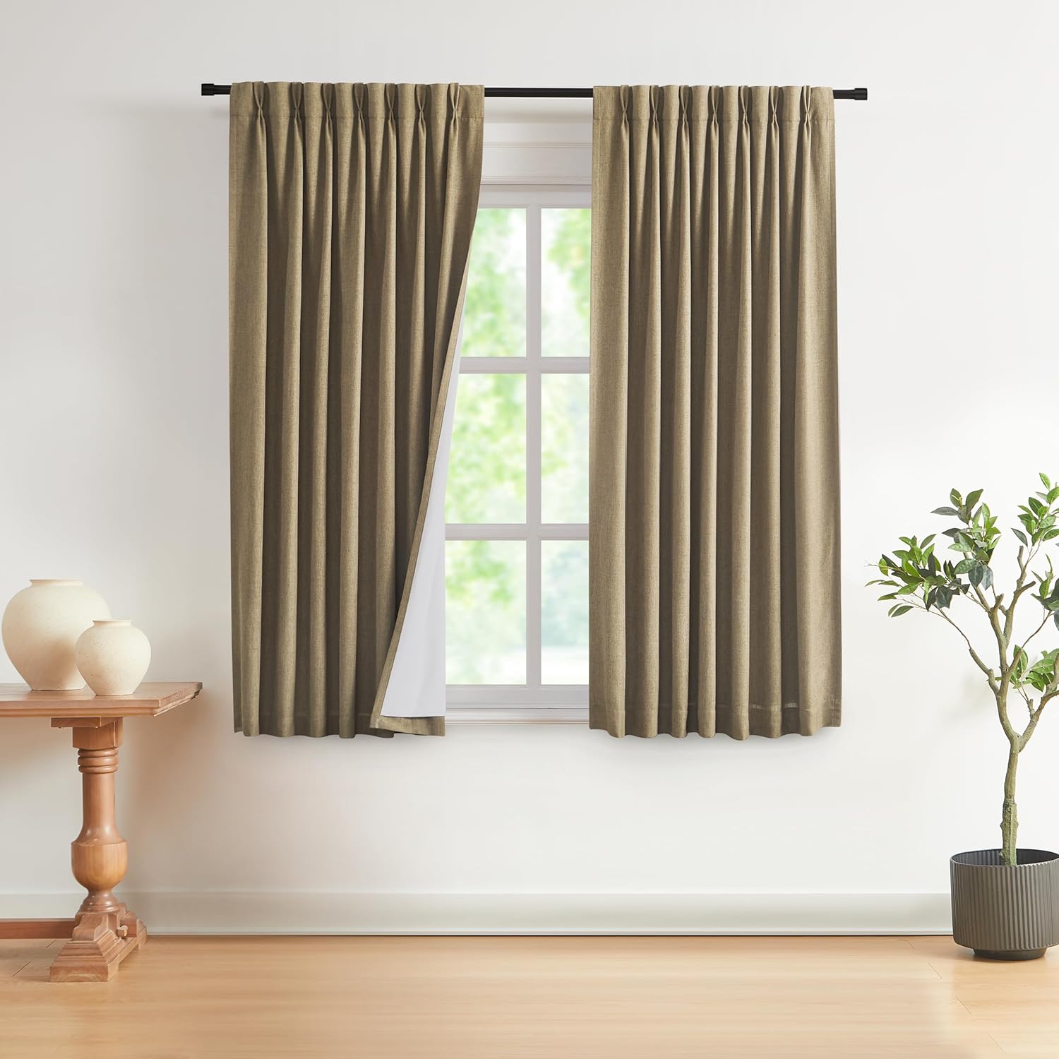 Vision Home Natural Pinch Pleated Full Blackout Curtains Linen Blended Room Darkening Window Curtains 90 inch for Living Room Bedroom Thermal Insulated Pinch Pleat Drapes with Hooks 2 Panel 40"Wx90"L