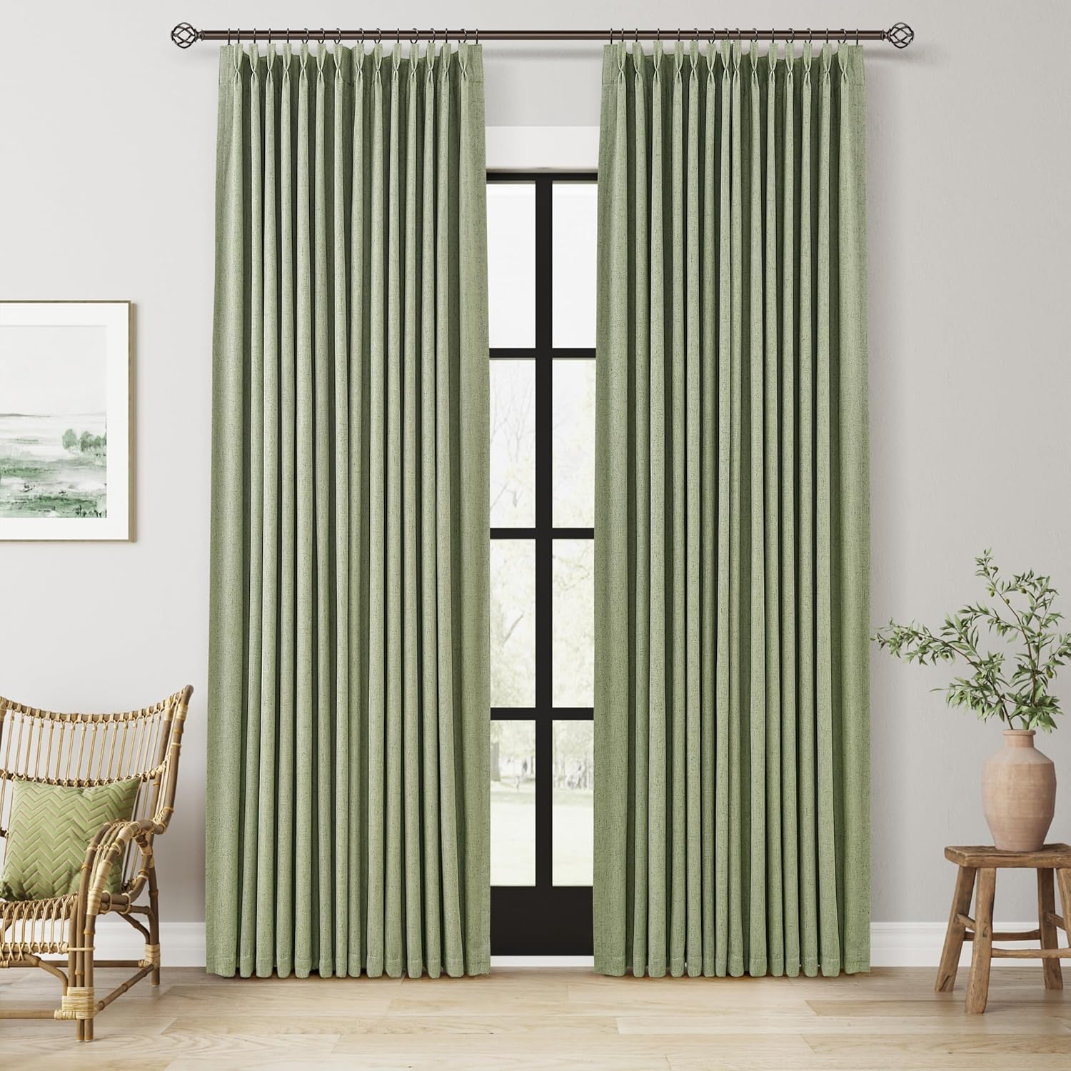 100% Blackout Pinch Pleated Curtains Linen 90 Inches Long for Bedroom 2 Panels Set Full Black Out Thermal Insulated Curtain Natural Boho Farmhouse Pinch Pleat Double Layer Room Darkening Drapes Cream