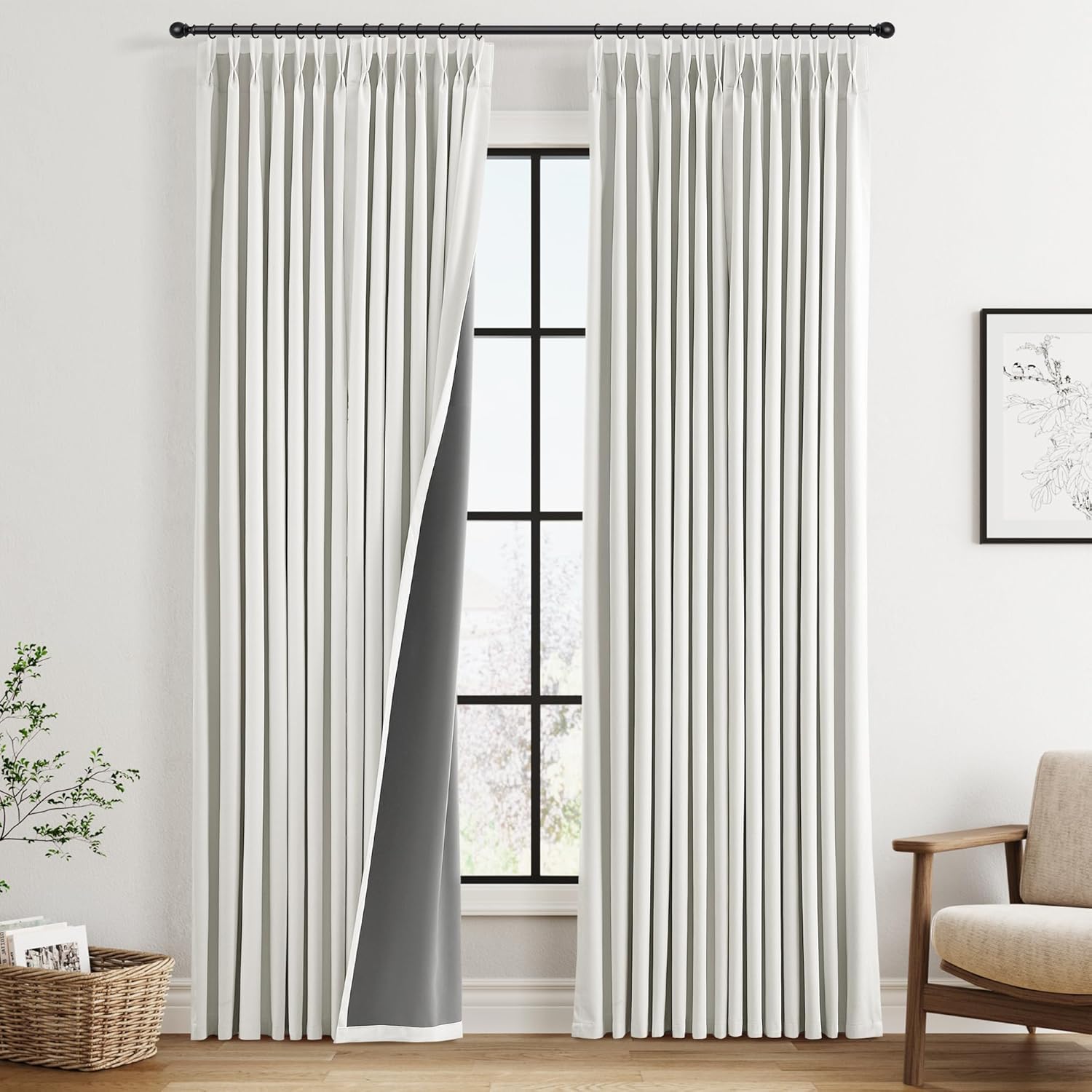 Pinch Pleated 100% Blackout Linen Curtains 96 Inches Long for Bedroom Living Room Memory Trained Pinch Pleat Linen Curtains Rustic Farmhouse Thermal Insulated Natural Cream Pleated Drapes 8ft 40x96