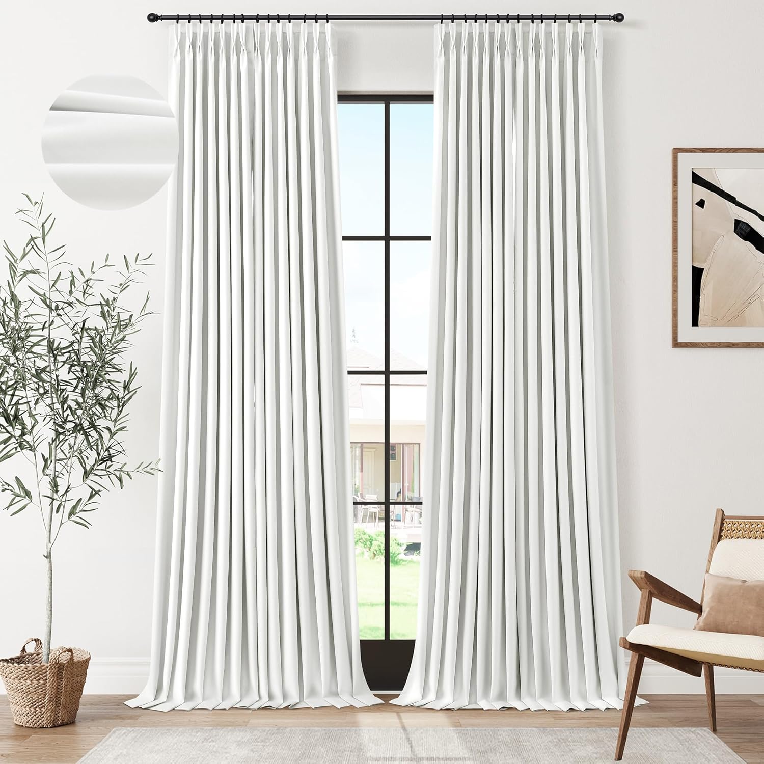 Pinch Pleated 100% Blackout Linen Curtains 96 Inches Long for Bedroom Living Room Memory Trained Pinch Pleat Linen Curtains Rustic Farmhouse Thermal Insulated Natural Cream Pleated Drapes 8ft 40x96