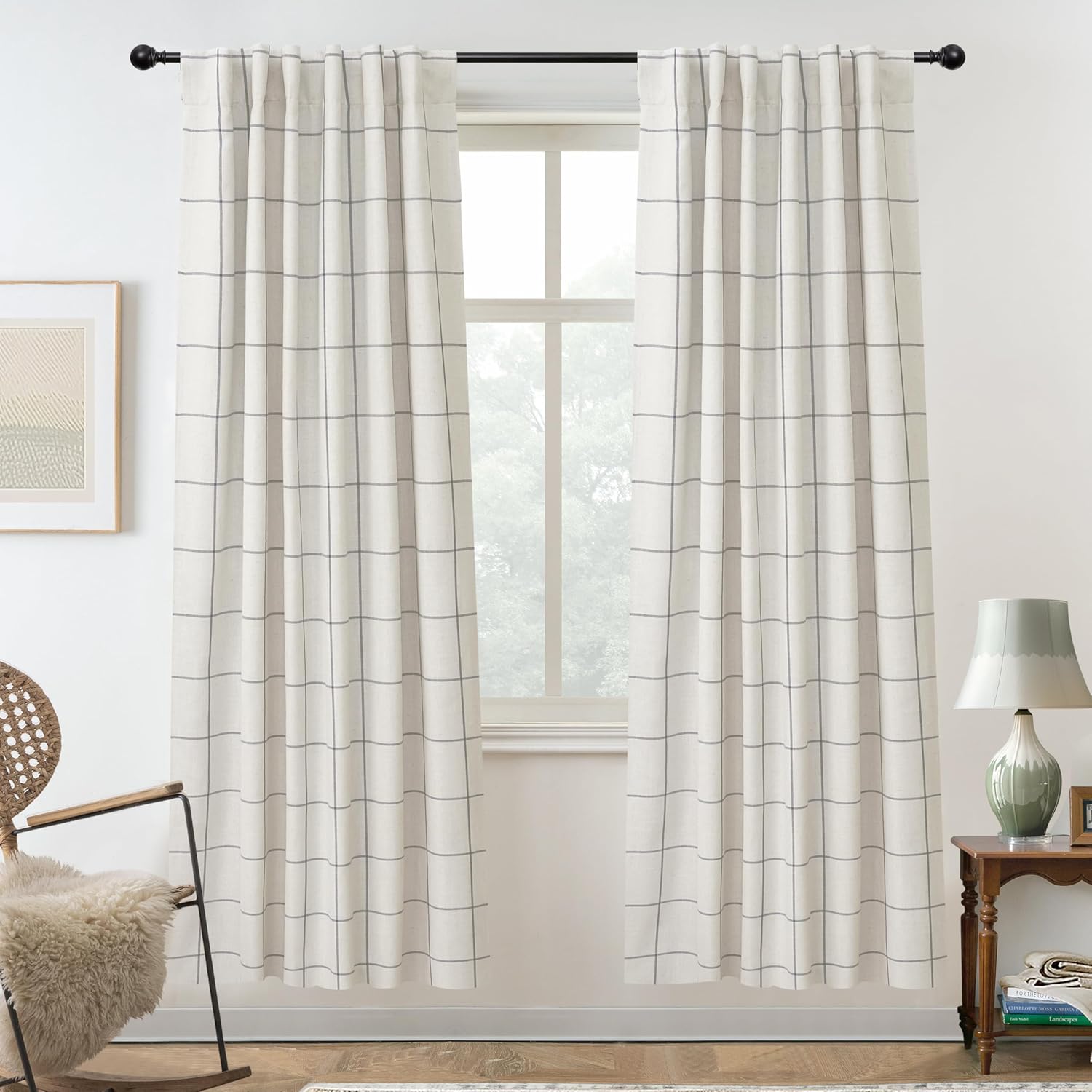 DriftAway 2 Panels 100% Blackout Windowpane Plaid Linen Curtains Double Layer Drapes for Bedroom 84 Inches Long Farmhouse Thermal Insulated 3.25 Inch Rod Pocket Back Tab for Living Room Taupe