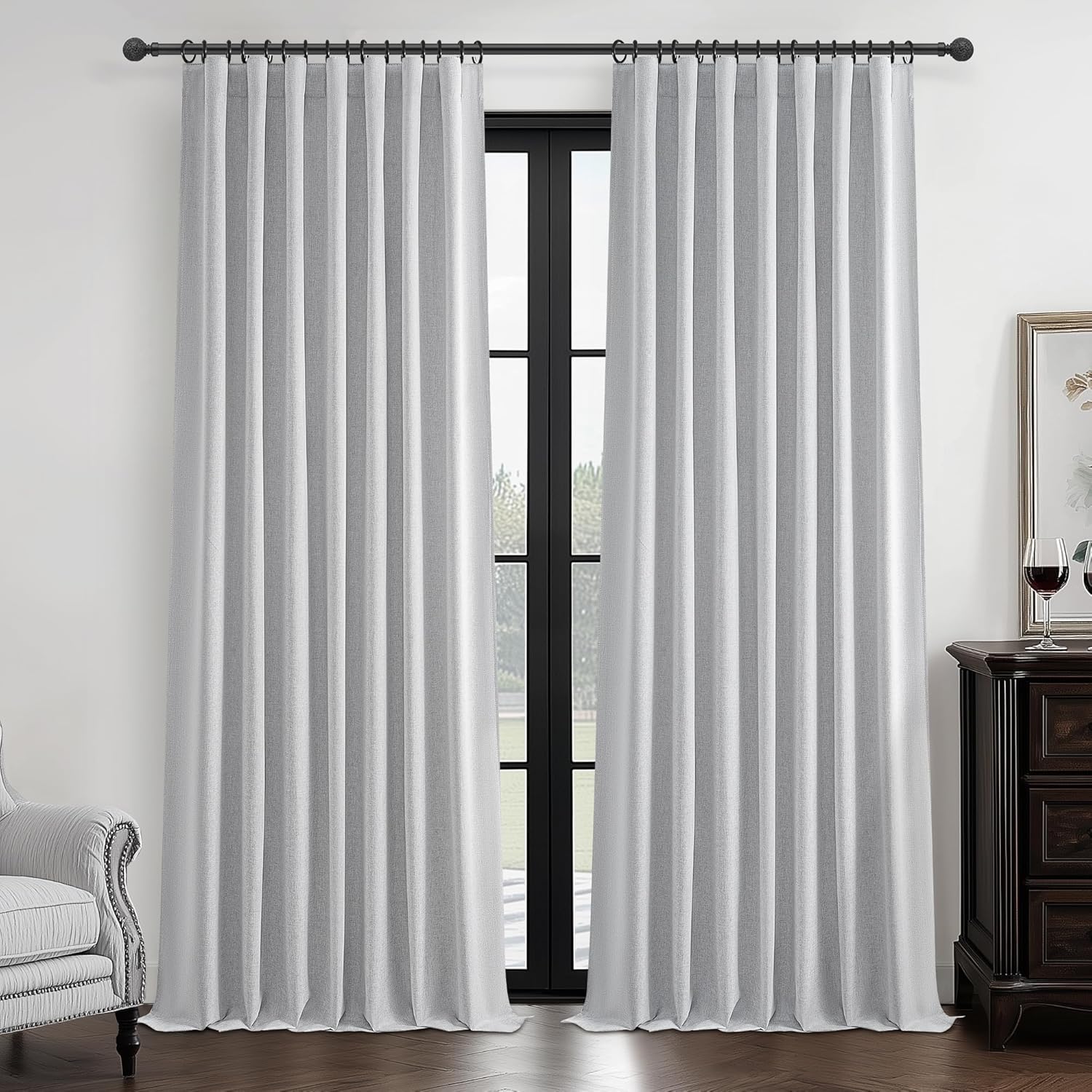 Black Out 96 Inch Long Boho Curtains 2 Panel Set, Farmhouse Curtains for Living Room Darkening/Thermal/Noise Reduction Textured Flax Linen Drape 8ft Hook&Ring Included Birch Off White 50"x96"