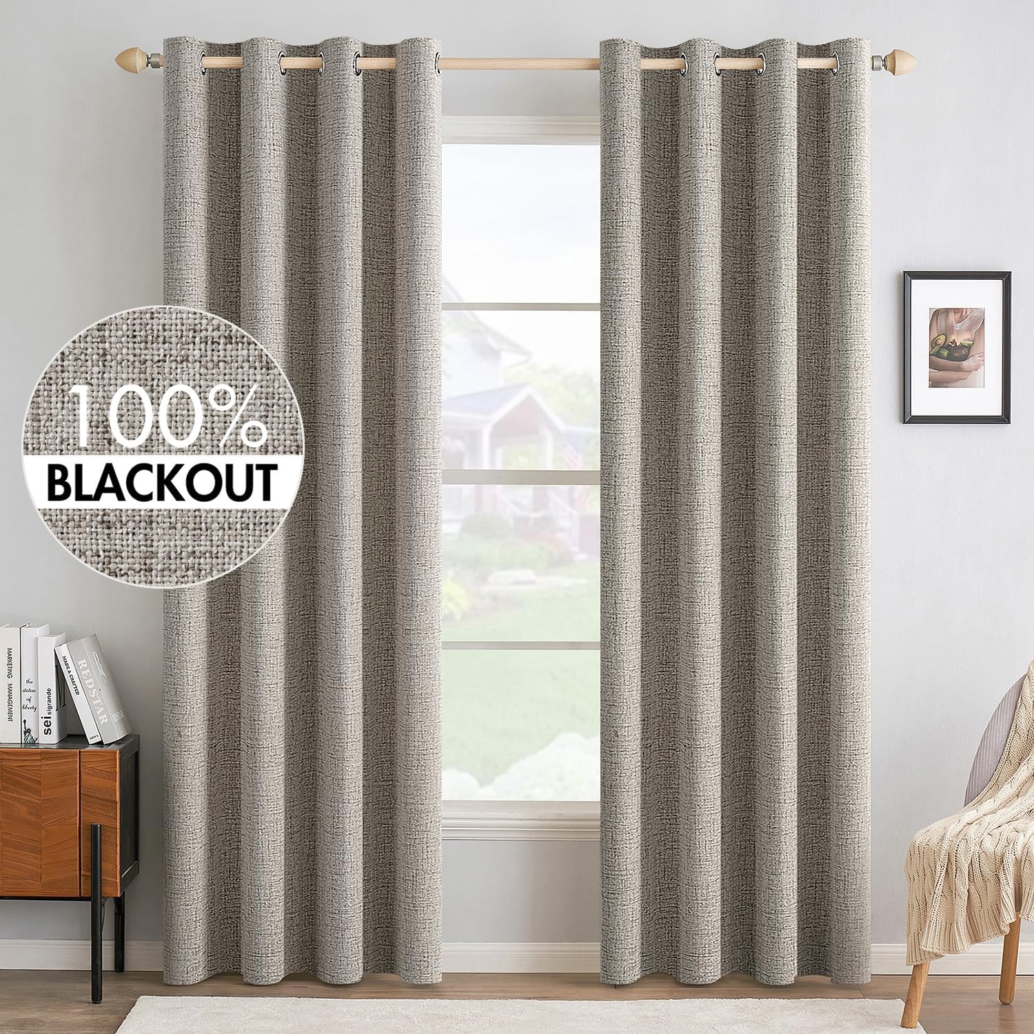 MIULEE 100% Blackout Linen Textured Curtains for Bedroom Solid Thermal Insulated Copper Brown Grommet Room Darkening Curtains & Drapes Luxury Decor for Living Room Nursery 52 x 84 Inch (2 Panels)