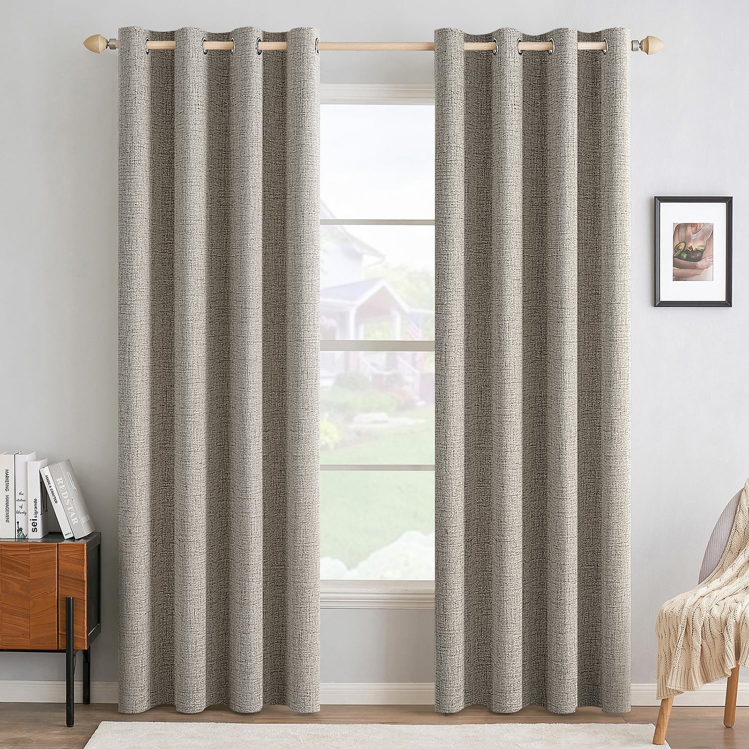 MIULEE 100% Blackout Linen Textured Curtains for Bedroom Solid Thermal Insulated Copper Brown Grommet Room Darkening Curtains & Drapes Luxury Decor for Living Room Nursery 52 x 84 Inch (2 Panels)