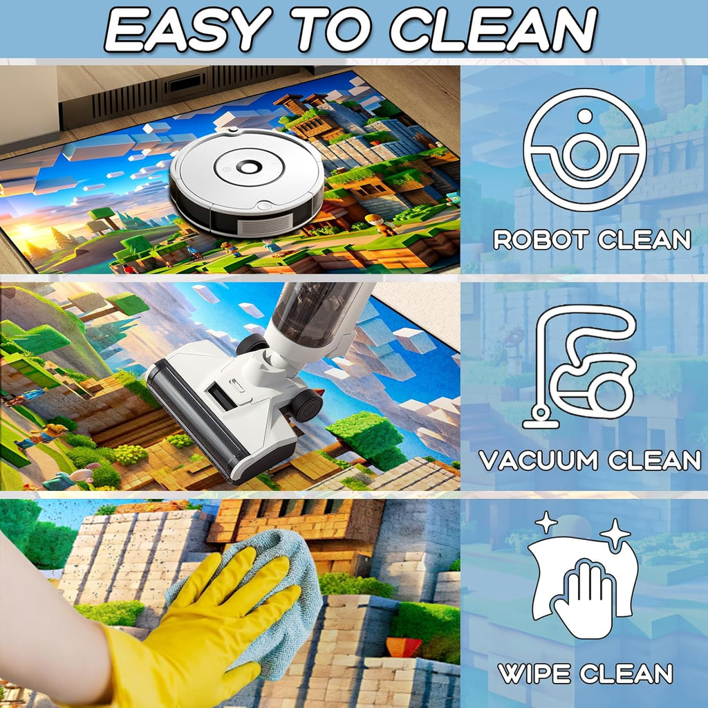 Block Game Rug Teen Kids Carpet, Pixel Games Scene Decoration Mat, Washable Cube Block Game Rugs for Boy’s Bedroom Living Room Playroom, Non-Slip Children Gaming Area Rugs (Green Village, 79" x 59")