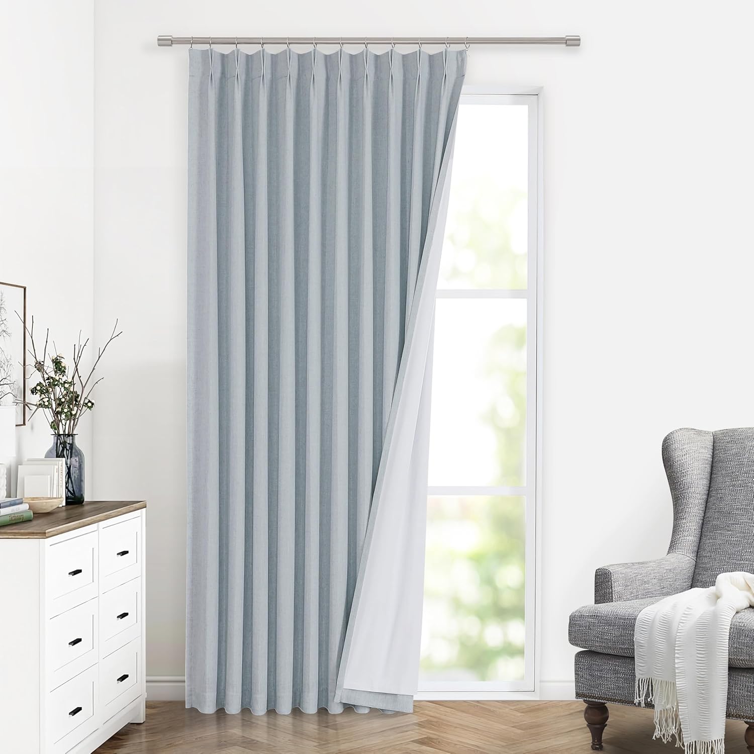 Vision Home Natural Pinch Pleated Full Blackout Curtains Linen Blended Room Darkening Window Curtains 90 inch for Living Room Bedroom Thermal Insulated Pinch Pleat Drapes with Hooks 2 Panel 40"Wx90"L