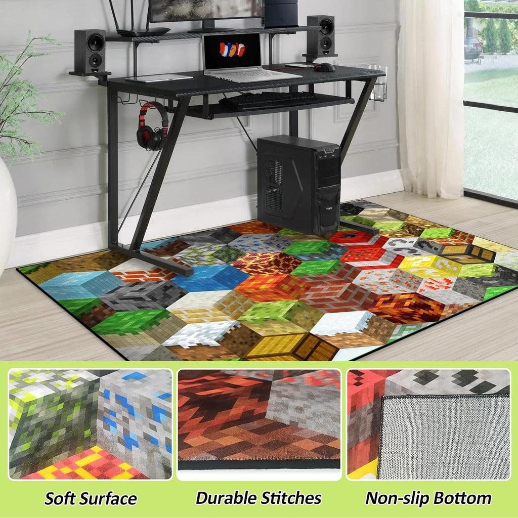 Block Game Rug Teen Boys Carpet with Pixel Games Element Decoration Mat, Cube Block Game Rugs for Boy’s Bedroom Living Room Playroom, Non-Slip Children Gaming Area Rugs (79" x 59")