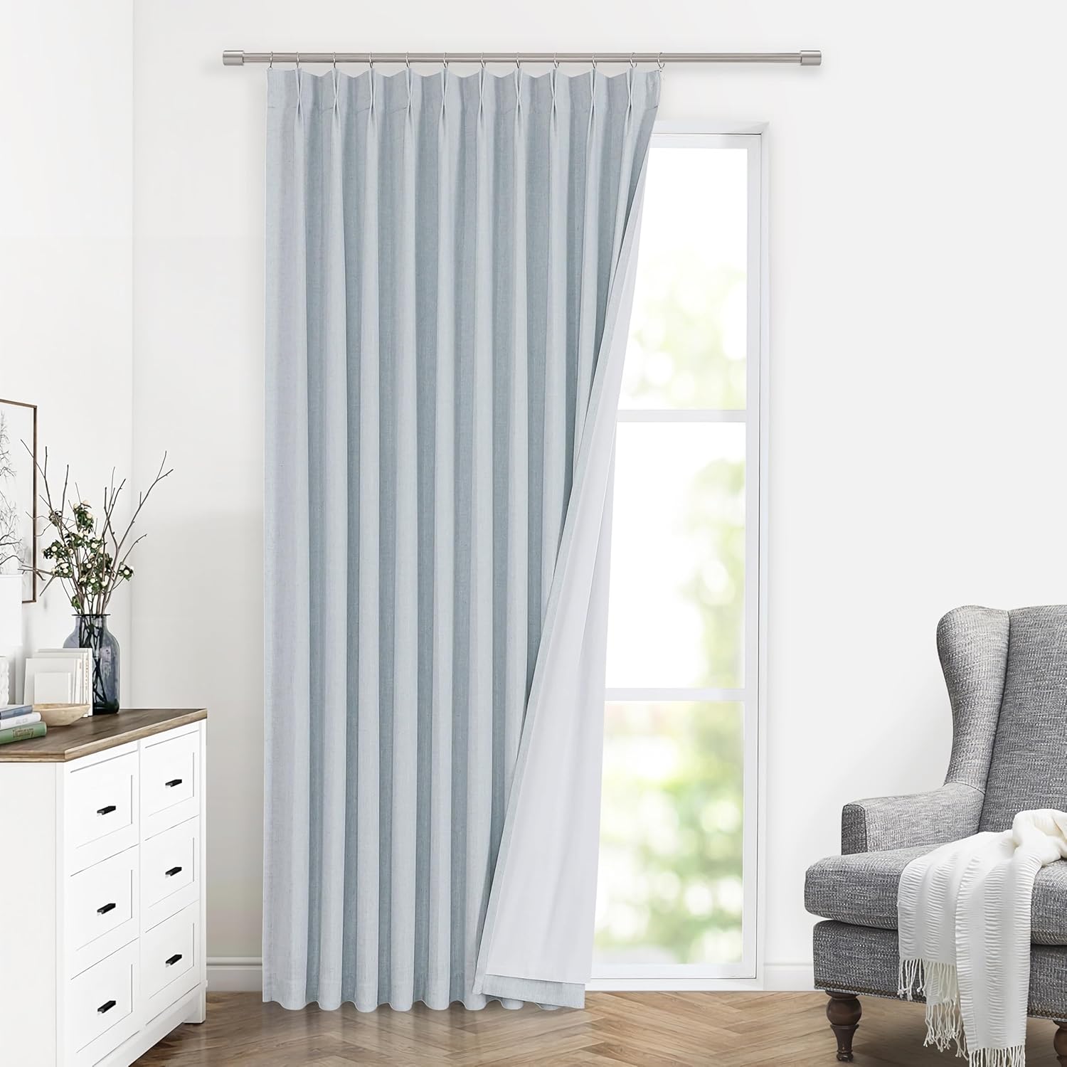 Vision Home Natural Pinch Pleated Full Blackout Curtains Linen Blended Room Darkening Window Curtains 90 inch for Living Room Bedroom Thermal Insulated Pinch Pleat Drapes with Hooks 2 Panel 40"Wx90"L