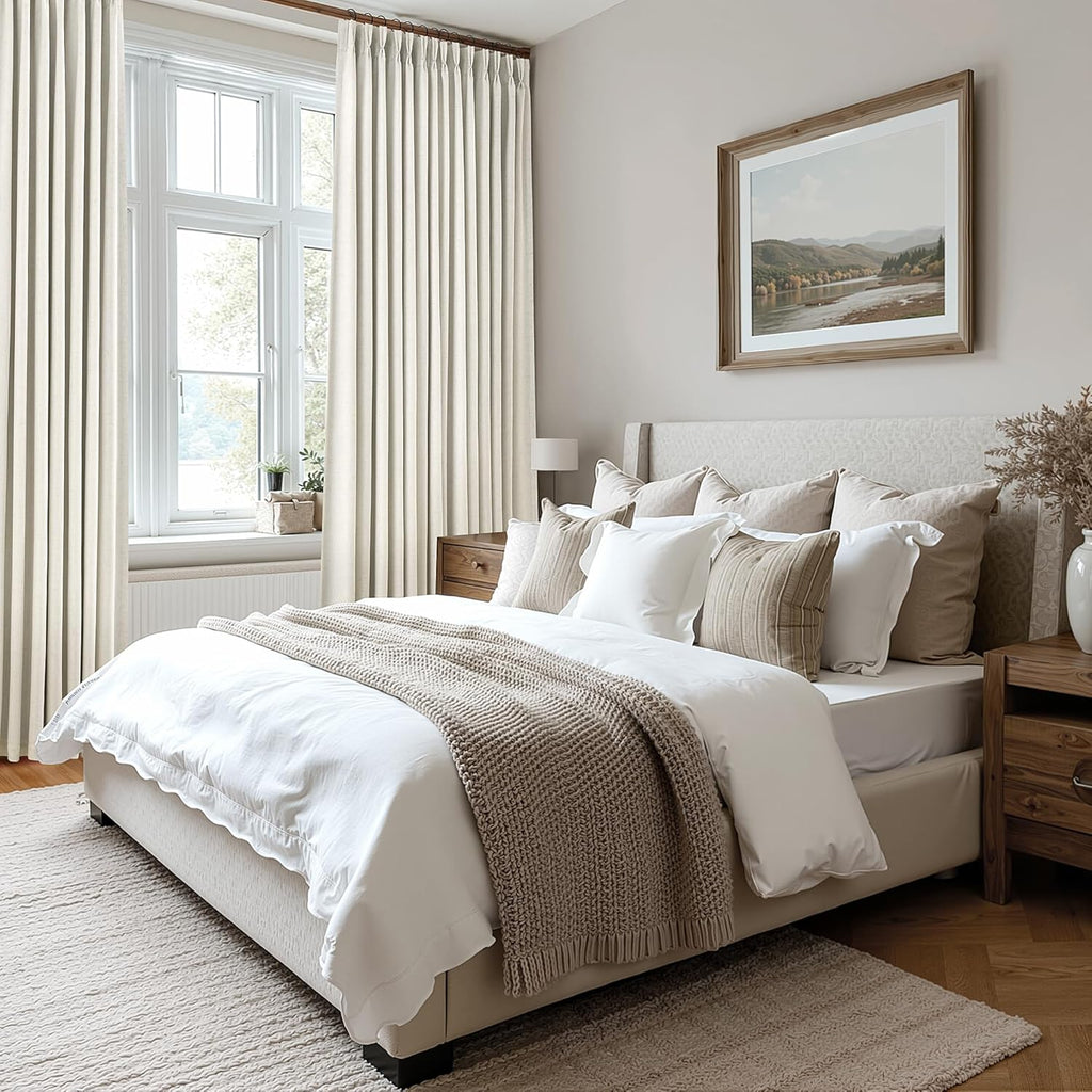 100% Blackout Pinch Pleated Curtains Linen 90 Inches Long for Bedroom 2 Panels Set Full Black Out Thermal Insulated Curtain Natural Boho Farmhouse Pinch Pleat Double Layer Room Darkening Drapes Cream