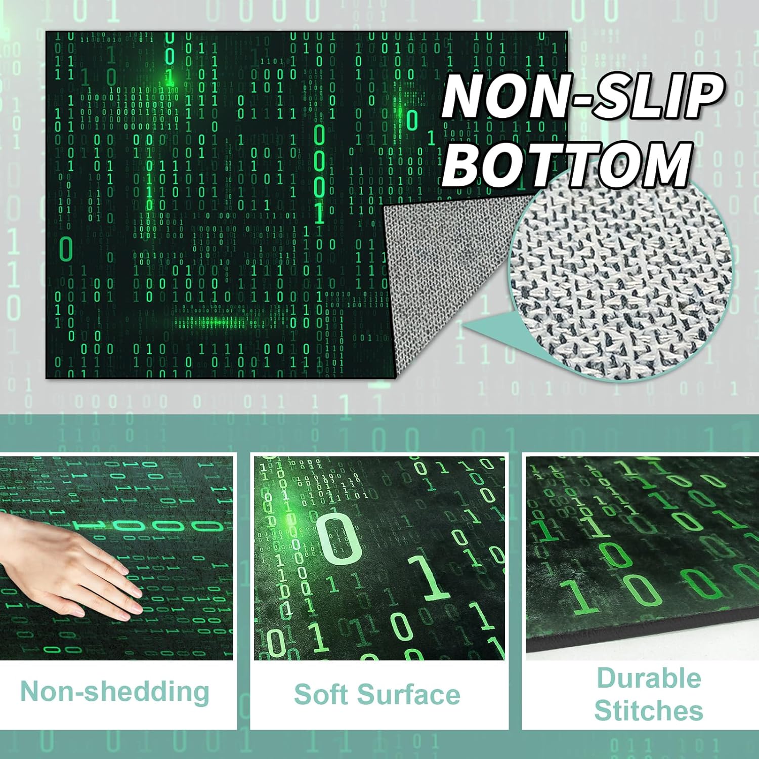 Washable Game Area Rug, Binary Code Design Gaming Programmer Teen Carpet Rug Doormat, Non-Slip Low-Pile Floor Carpet for Computer Bedroom Indoor Front Entrance Living Room Office (79" x 59")