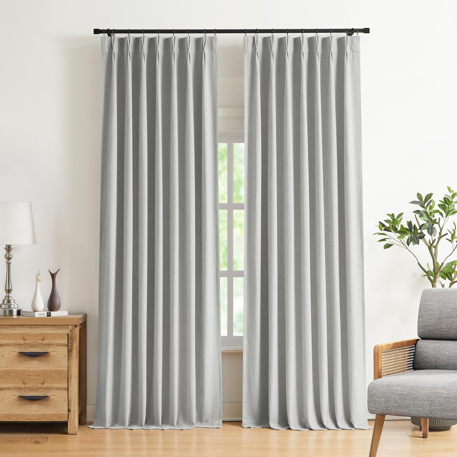 Vision Home Natural Pinch Pleated Full Blackout Curtains Linen Blended Room Darkening Window Curtains 90 inch for Living Room Bedroom Thermal Insulated Pinch Pleat Drapes with Hooks 2 Panel 40"Wx90"L