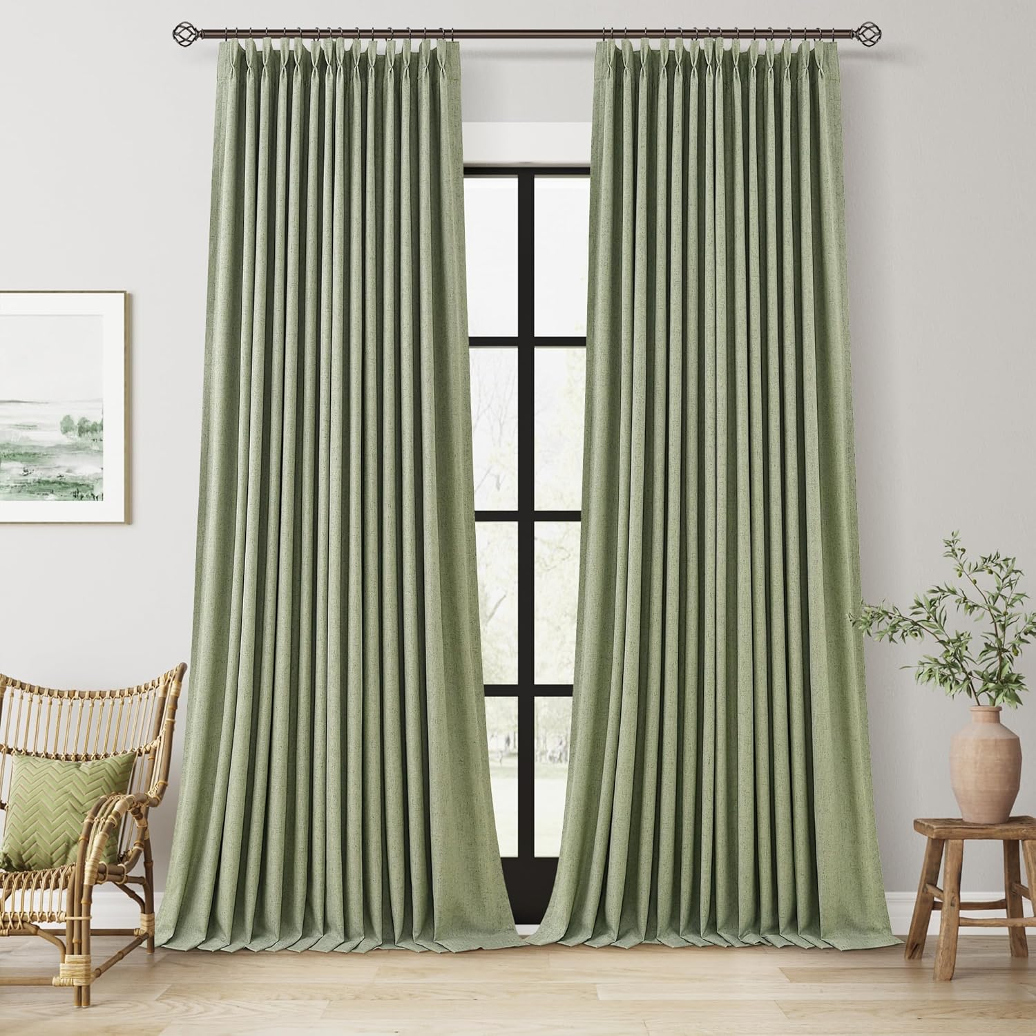 100% Blackout Pinch Pleated Curtains Linen 90 Inches Long for Bedroom 2 Panels Set Full Black Out Thermal Insulated Curtain Natural Boho Farmhouse Pinch Pleat Double Layer Room Darkening Drapes Cream