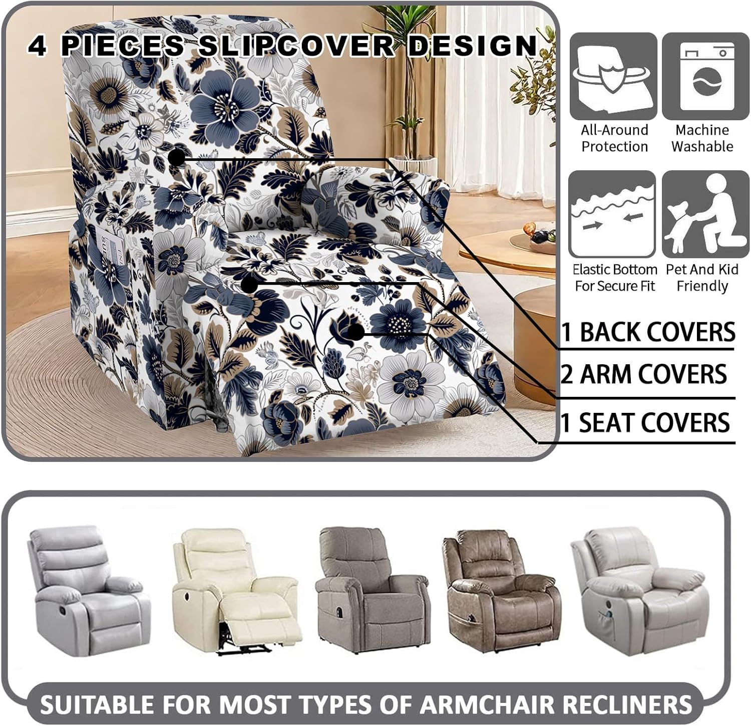 CRFATOP Printed Recliner Slipcover Stretch Reclining Chair Covers 4 Pieces Non Slip Recliner Sofa Slipcovers with Pocket Fitted Sofa Couch Cover Lazy Boy Chair Cover for Pet Kid Living Room,43