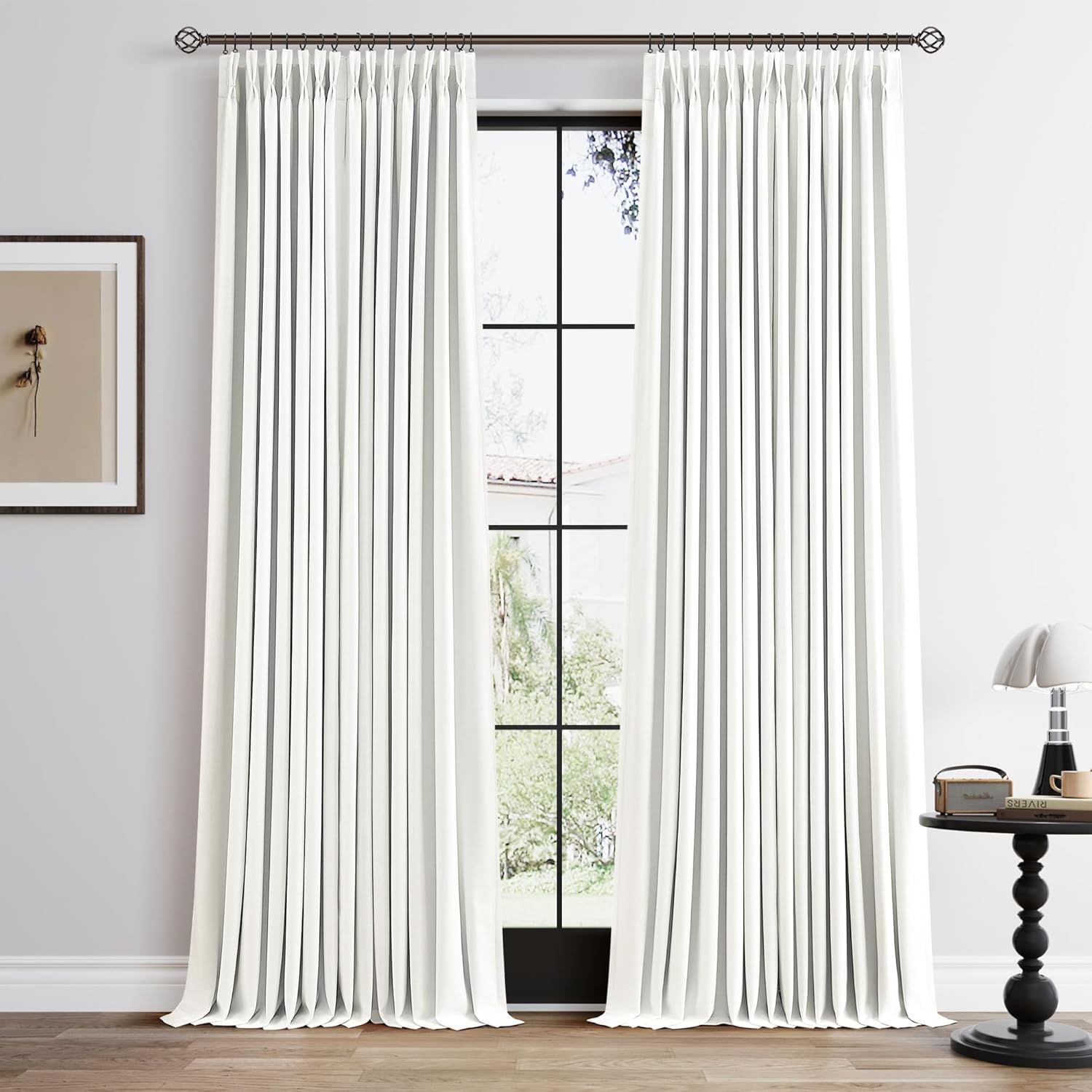 100% Blackout Pinch Pleated Curtains Linen 90 Inches Long for Bedroom 2 Panels Set Full Black Out Thermal Insulated Curtain Natural Boho Farmhouse Pinch Pleat Double Layer Room Darkening Drapes Cream