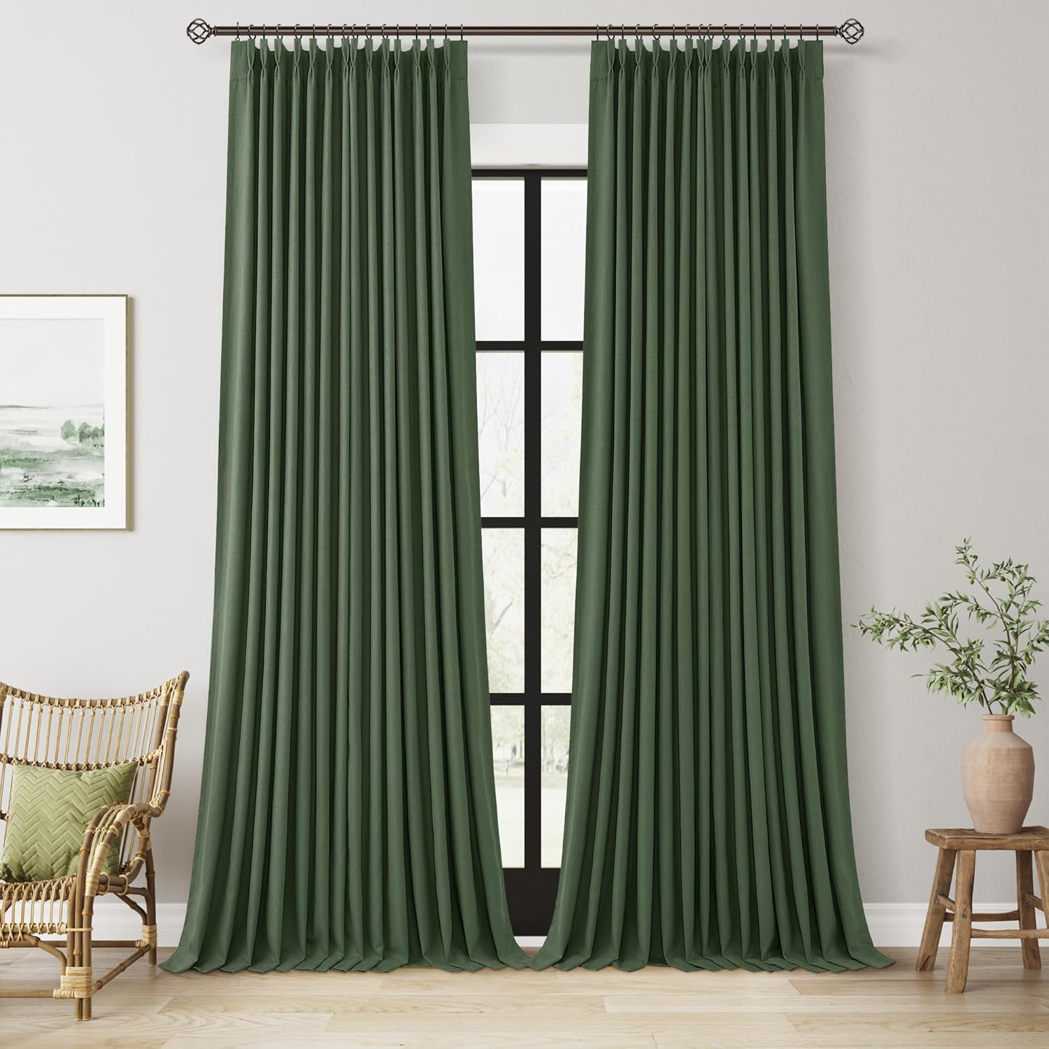100% Blackout Pinch Pleated Curtains Linen 90 Inches Long for Bedroom 2 Panels Set Full Black Out Thermal Insulated Curtain Natural Boho Farmhouse Pinch Pleat Double Layer Room Darkening Drapes Cream