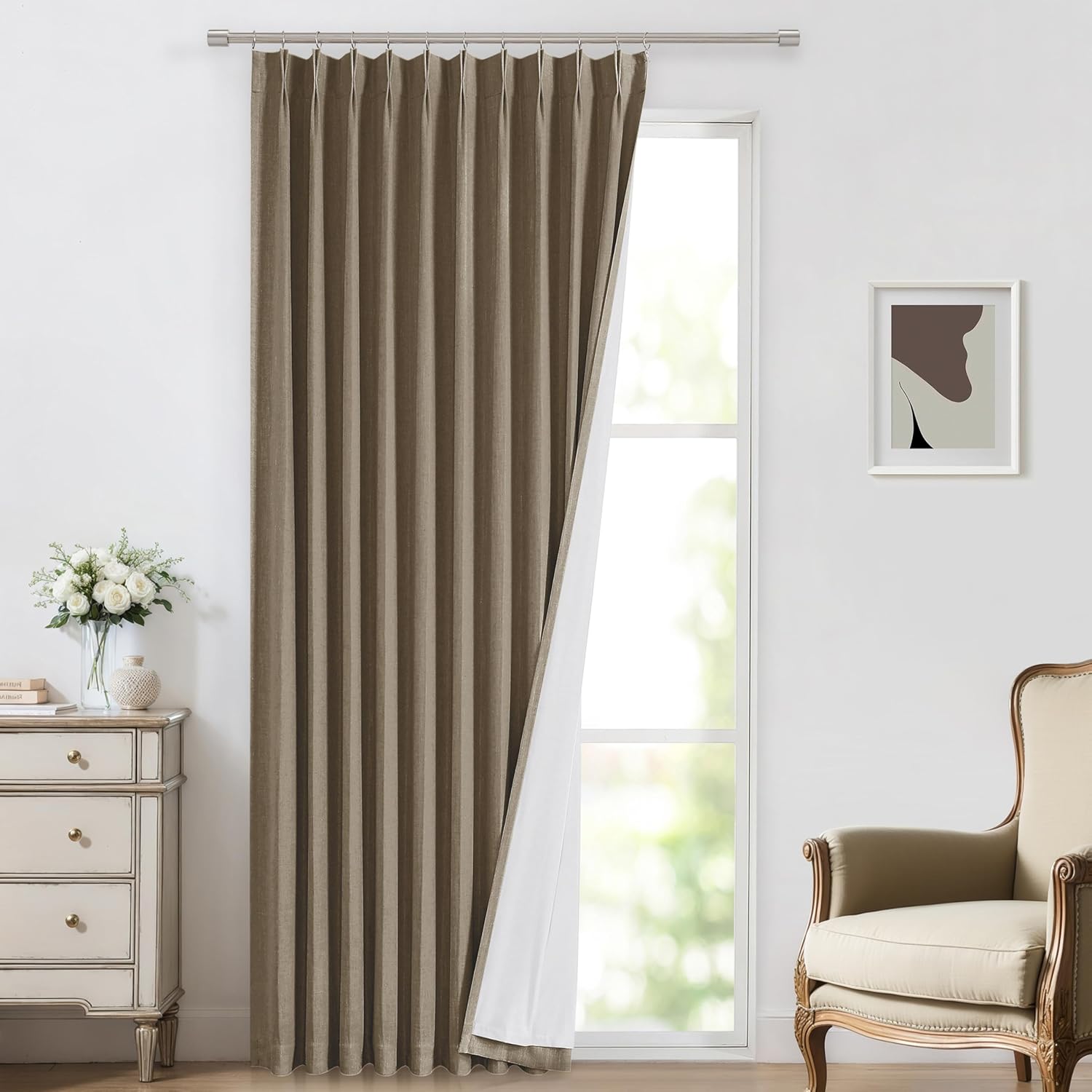 Vision Home Natural Pinch Pleated Full Blackout Curtains Linen Blended Room Darkening Window Curtains 90 inch for Living Room Bedroom Thermal Insulated Pinch Pleat Drapes with Hooks 2 Panel 40"Wx90"L