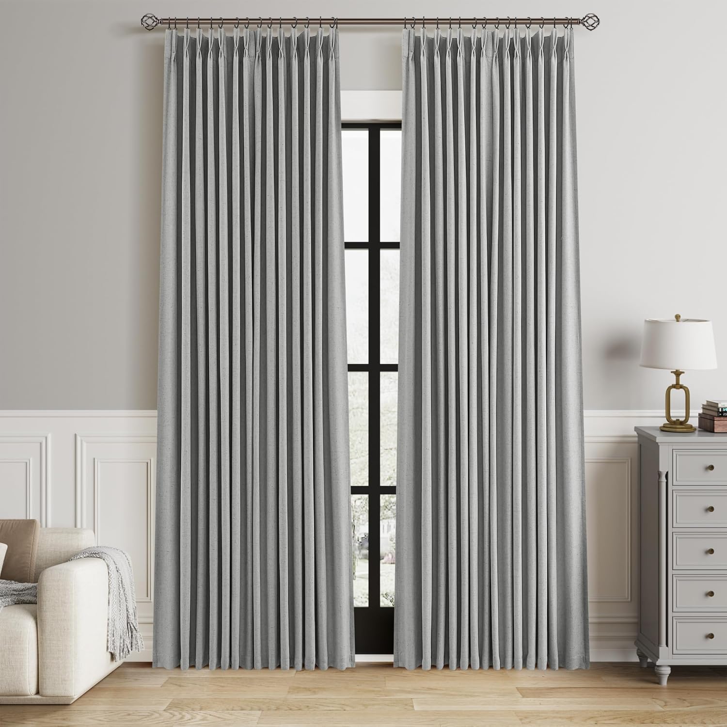 100% Blackout Pinch Pleated Curtains Linen 90 Inches Long for Bedroom 2 Panels Set Full Black Out Thermal Insulated Curtain Natural Boho Farmhouse Pinch Pleat Double Layer Room Darkening Drapes Cream