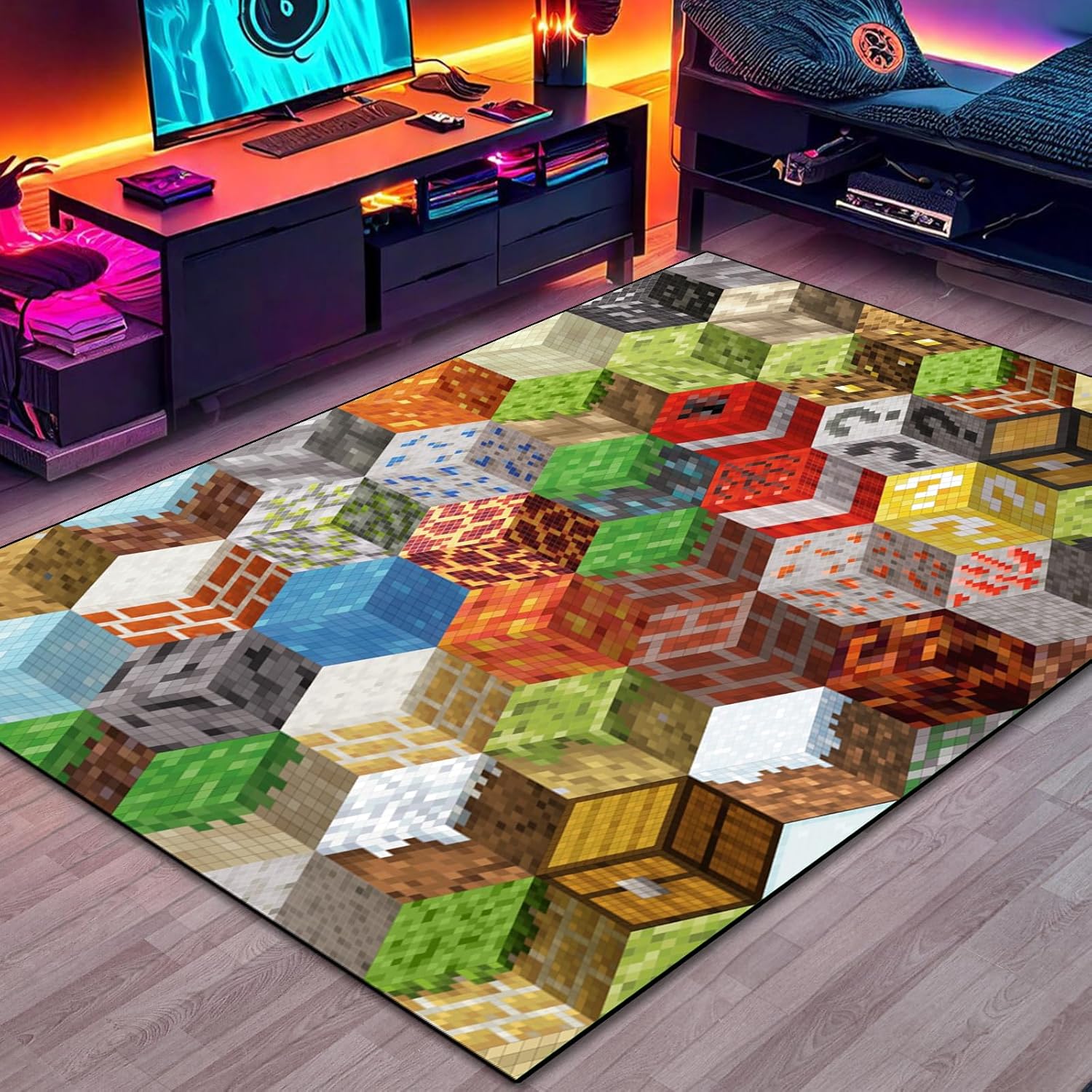 Block Game Rug Teen Boys Carpet with Pixel Games Element Decoration Mat, Cube Block Game Rugs for Boy’s Bedroom Living Room Playroom, Non-Slip Children Gaming Area Rugs (79" x 59")