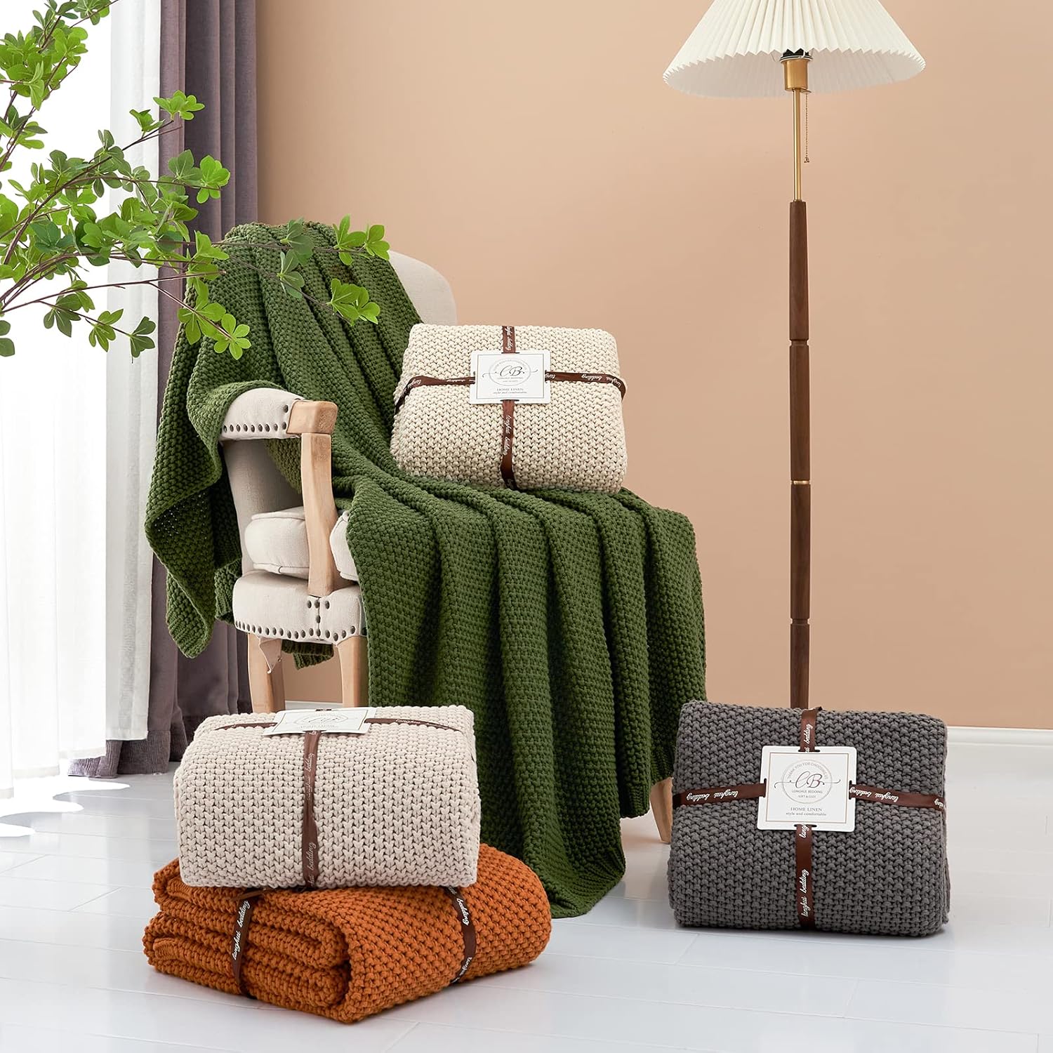 Chunky Cable Knit Throw Blanket Lightweight Burnt Orange 100% Organic Cotton Blanket for Sofa Couch Bed Baby Nursery, Rustic Shabby Chic Modern Farmhouse, 51” x 63” Give Laundering Bag