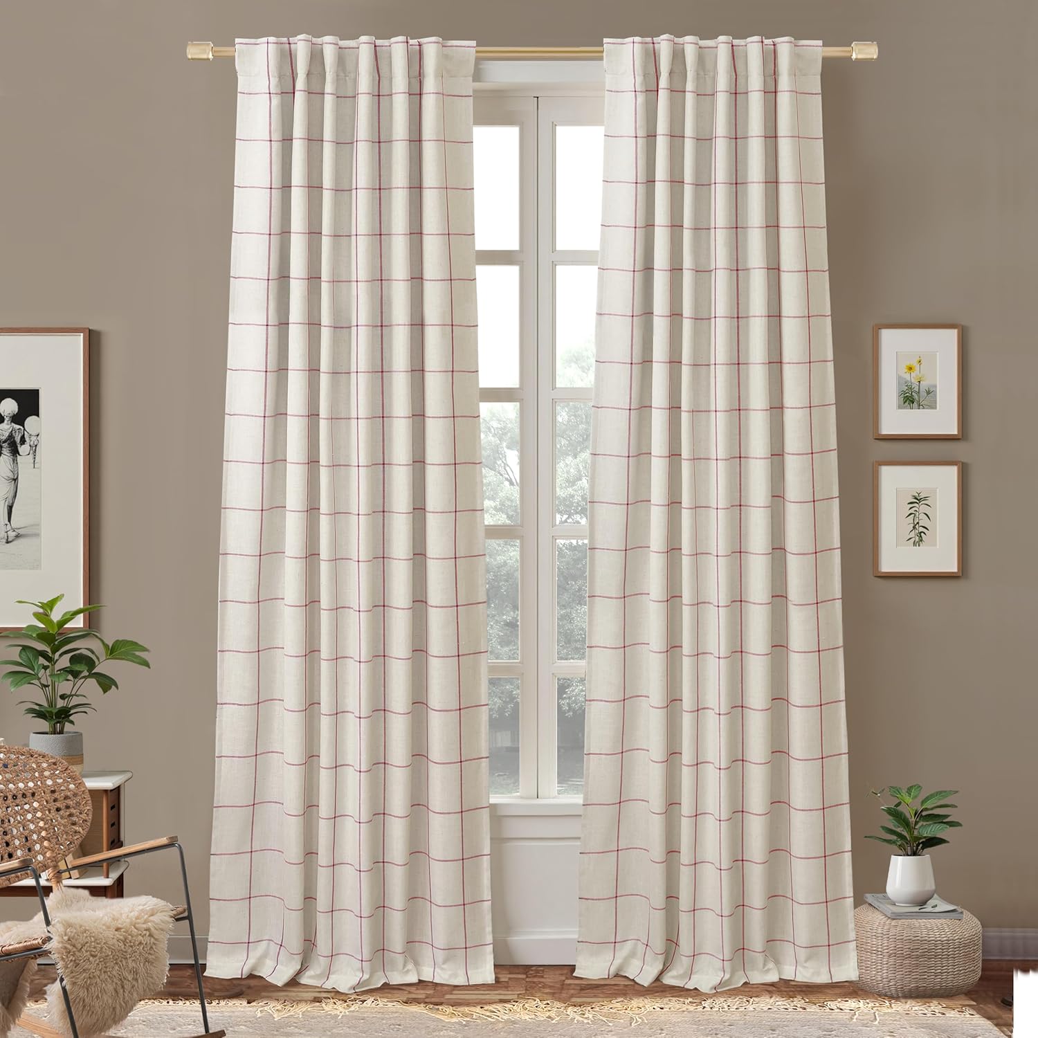DriftAway 2 Panels 100% Blackout Windowpane Plaid Linen Curtains Double Layer Drapes for Bedroom 84 Inches Long Farmhouse Thermal Insulated 3.25 Inch Rod Pocket Back Tab for Living Room Taupe