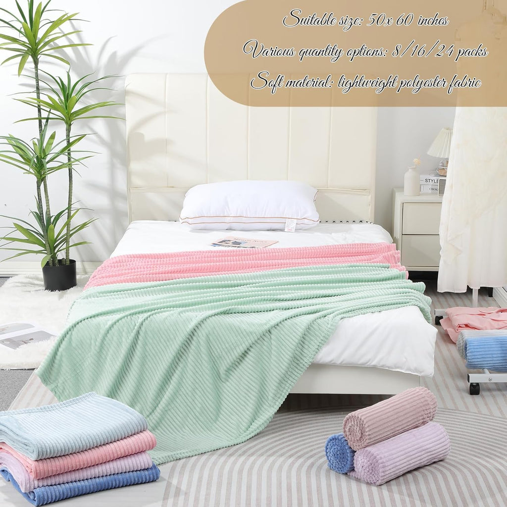 8 Pcs Pastel Colors Flannel Throw Blanket Bulk 50 x 60 Inch with Striped Ribbed Throw Blanket Soft Lightweight All Seasons Blankets for Sofa Room Couch Donation Homeless Wedding Gifts