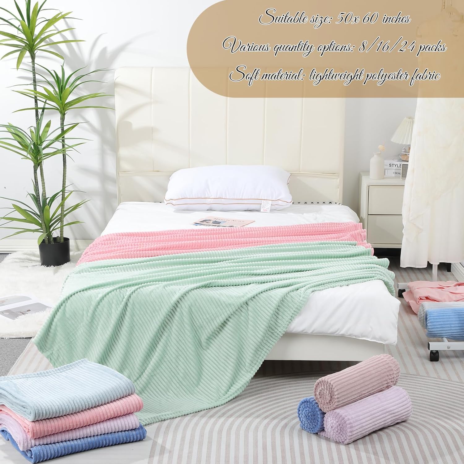 8 Pcs Pastel Colors Flannel Throw Blanket Bulk 50 x 60 Inch with Striped Ribbed Throw Blanket Soft Lightweight All Seasons Blankets for Sofa Room Couch Donation Homeless Wedding Gifts