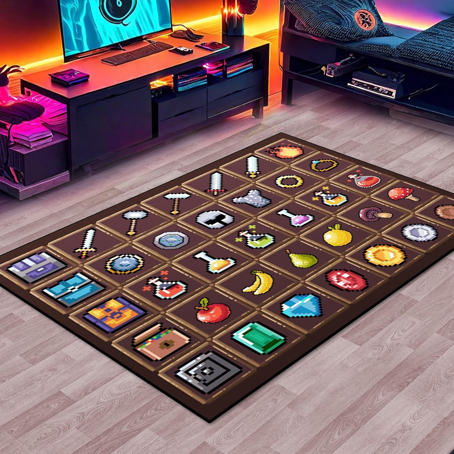 Game Rug Teen Boys Carpet with Pixel Games Element Items Decoration Mat, Weapon Medical Game Rugs for Boy’s Bedroom Living Room Playroom, Non-Slip Children Gaming Area Rugs (Grey, 79" x 59")