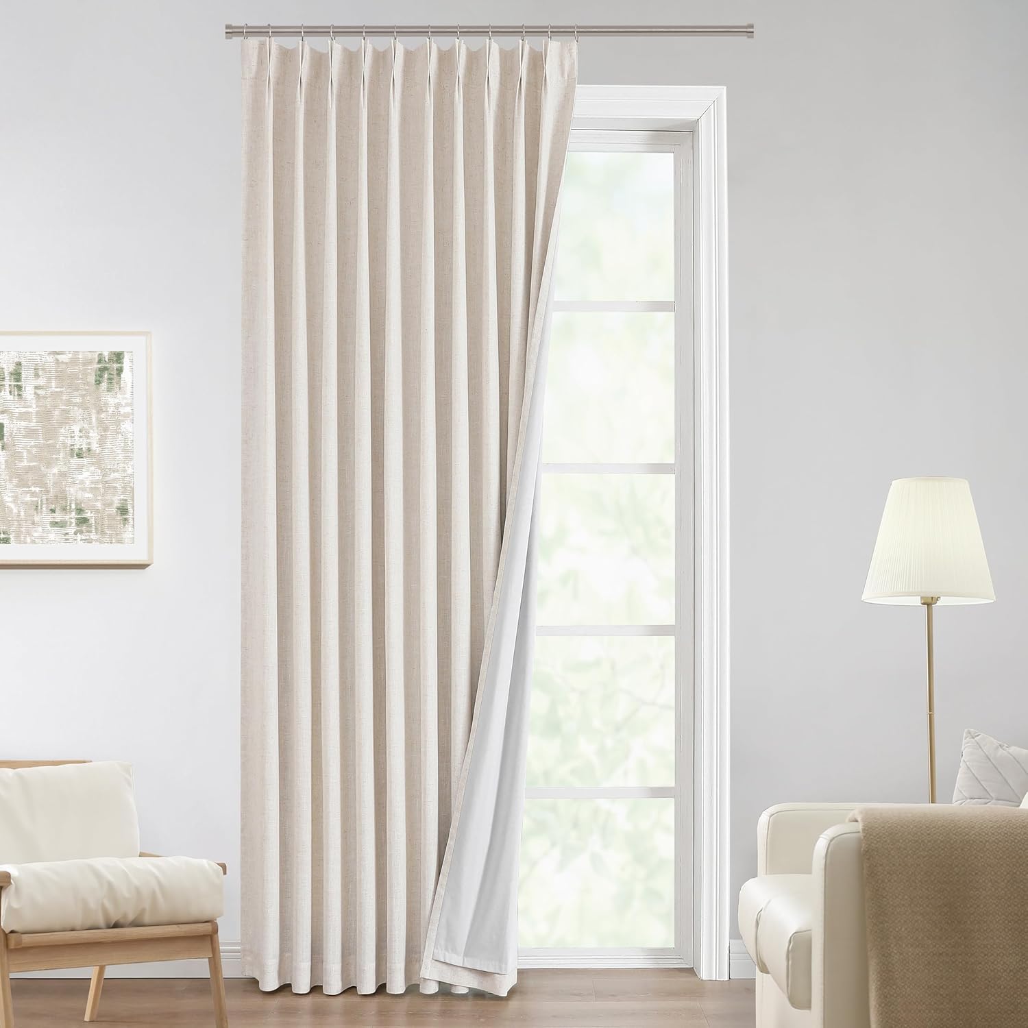 Vision Home Natural Pinch Pleated Full Blackout Curtains Linen Blended Room Darkening Window Curtains 90 inch for Living Room Bedroom Thermal Insulated Pinch Pleat Drapes with Hooks 2 Panel 40"Wx90"L