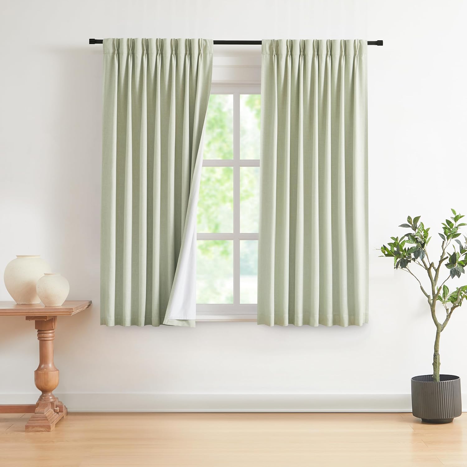 Vision Home Natural Pinch Pleated Full Blackout Curtains Linen Blended Room Darkening Window Curtains 90 inch for Living Room Bedroom Thermal Insulated Pinch Pleat Drapes with Hooks 2 Panel 40"Wx90"L