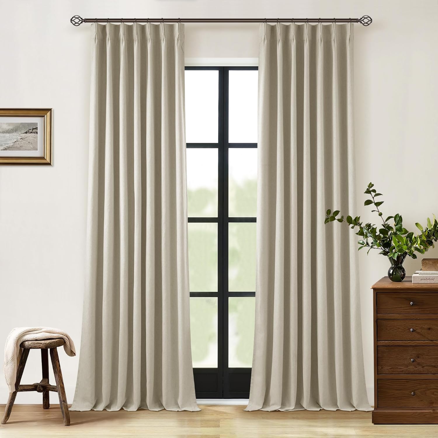 102 Inches Long Pinch Pleated Linen Blackout Curtains for Bedroom Back Tab Track Memory Trained Shape Farmhouse Light Blocking Curtains 102 Inch Length for Living Dining Room Darkening Drapes Cream