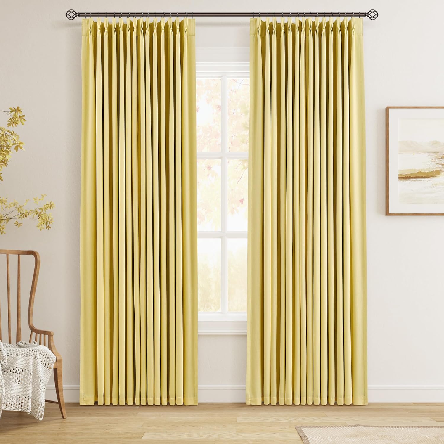 100% Blackout Pinch Pleated Curtains Linen 90 Inches Long for Bedroom 2 Panels Set Full Black Out Thermal Insulated Curtain Natural Boho Farmhouse Pinch Pleat Double Layer Room Darkening Drapes Cream