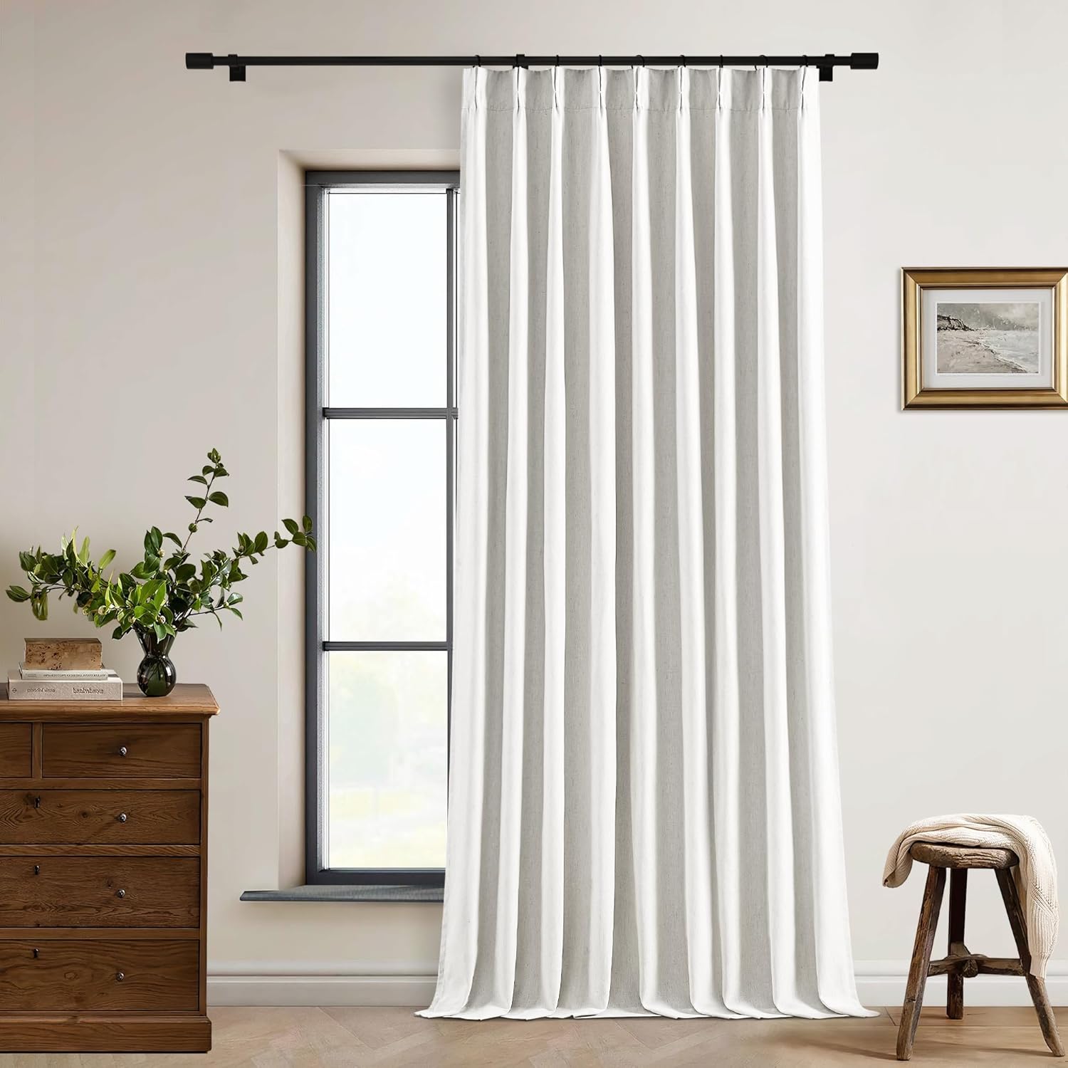 102 Inches Long Pinch Pleated Linen Blackout Curtains for Bedroom Back Tab Track Memory Trained Shape Farmhouse Light Blocking Curtains 102 Inch Length for Living Dining Room Darkening Drapes Cream
