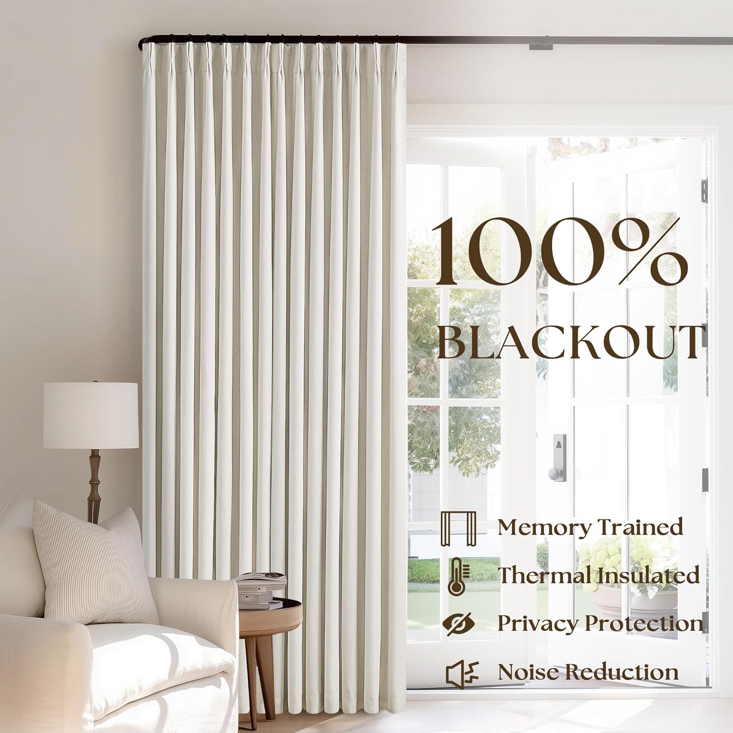 102 Inches Long Pinch Pleated Linen Blackout Curtains for Bedroom Back Tab Track Memory Trained Shape Farmhouse Light Blocking Curtains 102 Inch Length for Living Dining Room Darkening Drapes Cream