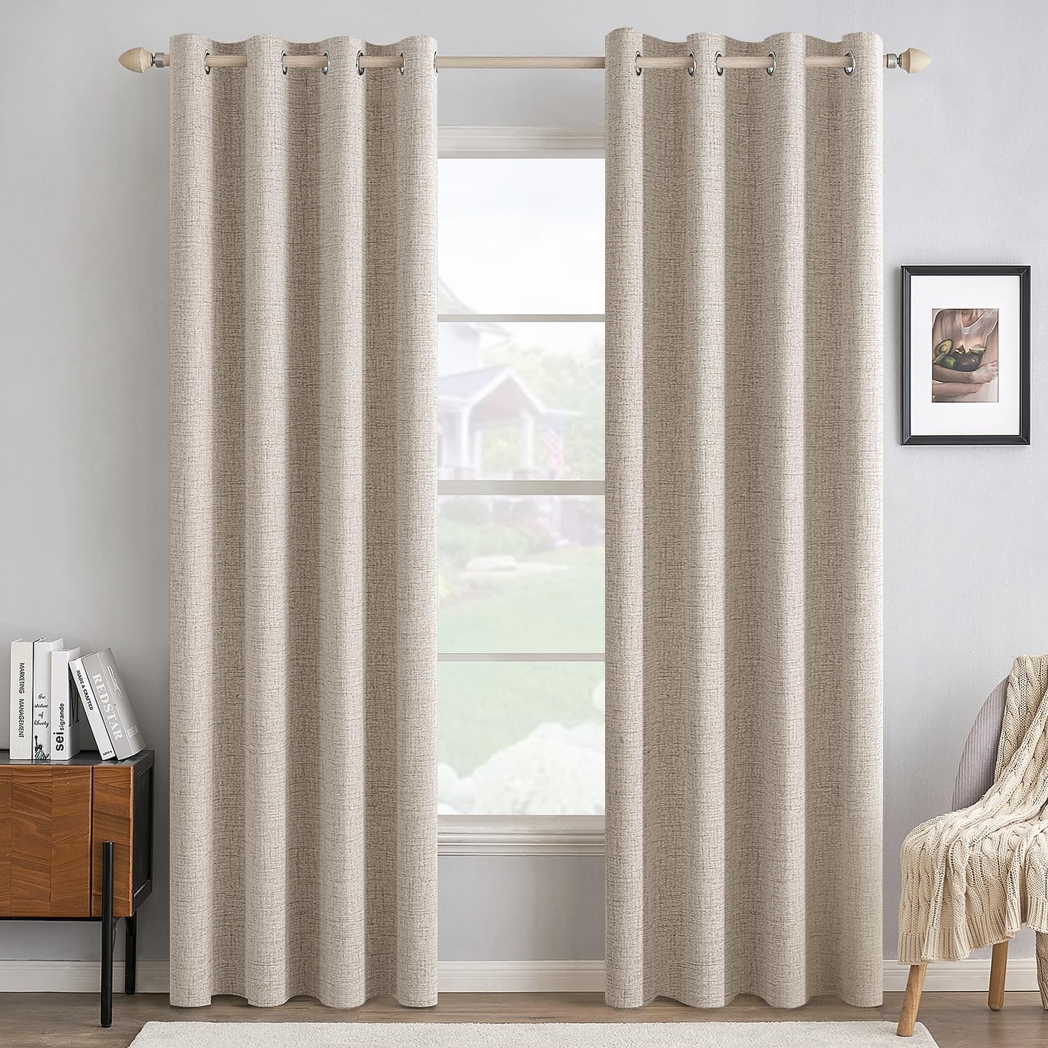 MIULEE 100% Blackout Linen Textured Curtains for Bedroom Solid Thermal Insulated Copper Brown Grommet Room Darkening Curtains & Drapes Luxury Decor for Living Room Nursery 52 x 84 Inch (2 Panels)