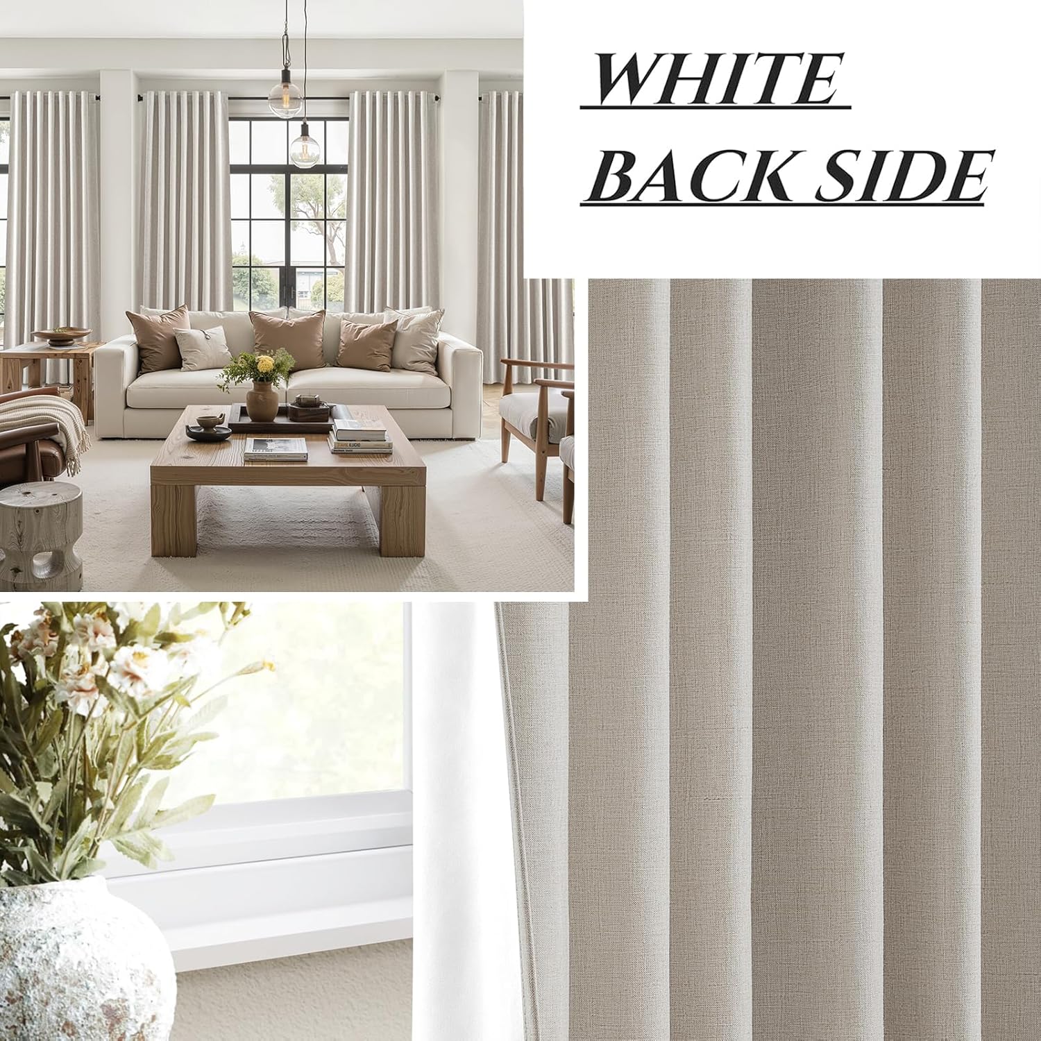 Black Out 96 Inch Long Boho Curtains 2 Panel Set, Farmhouse Curtains for Living Room Darkening/Thermal/Noise Reduction Textured Flax Linen Drape 8ft Hook&Ring Included Birch Off White 50"x96"