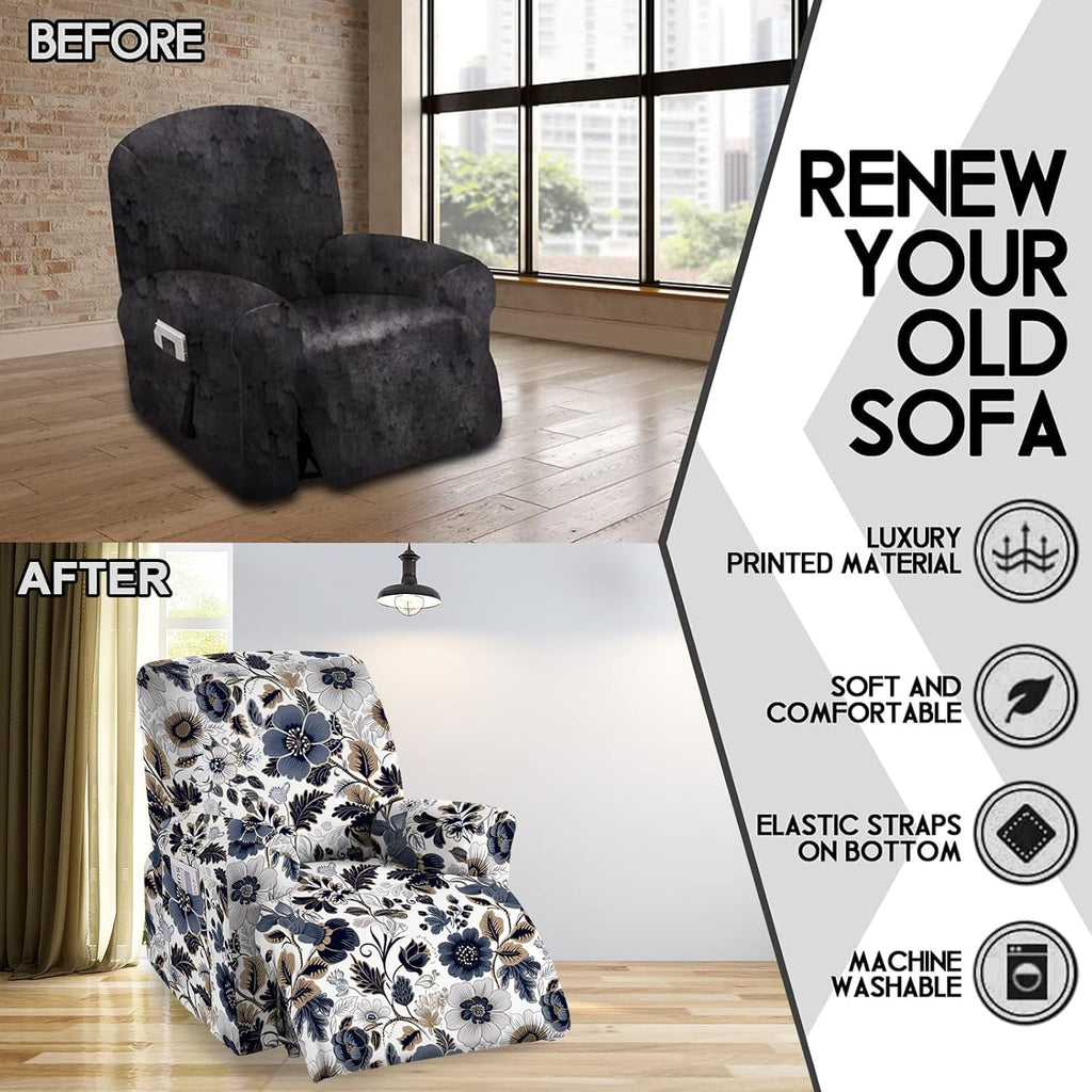 CRFATOP Printed Recliner Slipcover Stretch Reclining Chair Covers 4 Pieces Non Slip Recliner Sofa Slipcovers with Pocket Fitted Sofa Couch Cover Lazy Boy Chair Cover for Pet Kid Living Room,43