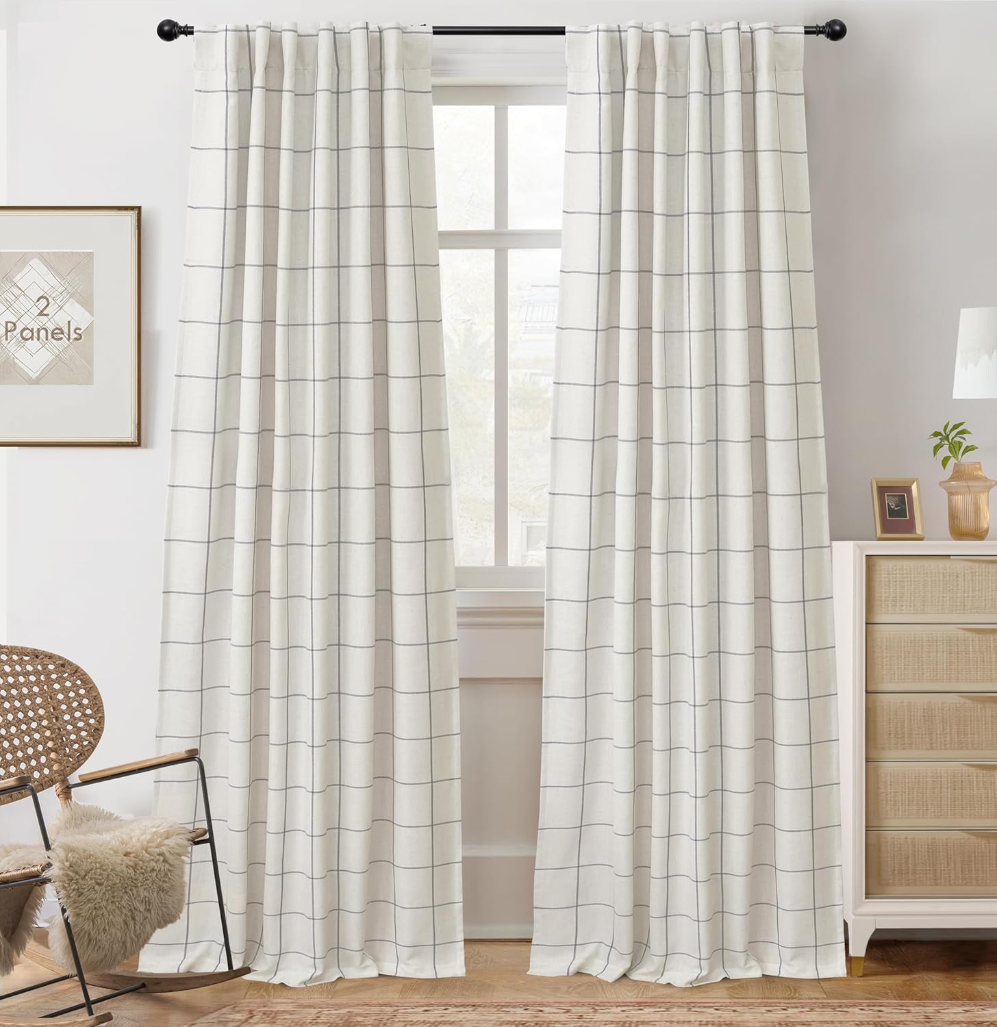DriftAway 2 Panels 100% Blackout Windowpane Plaid Linen Curtains Double Layer Drapes for Bedroom 84 Inches Long Farmhouse Thermal Insulated 3.25 Inch Rod Pocket Back Tab for Living Room Taupe