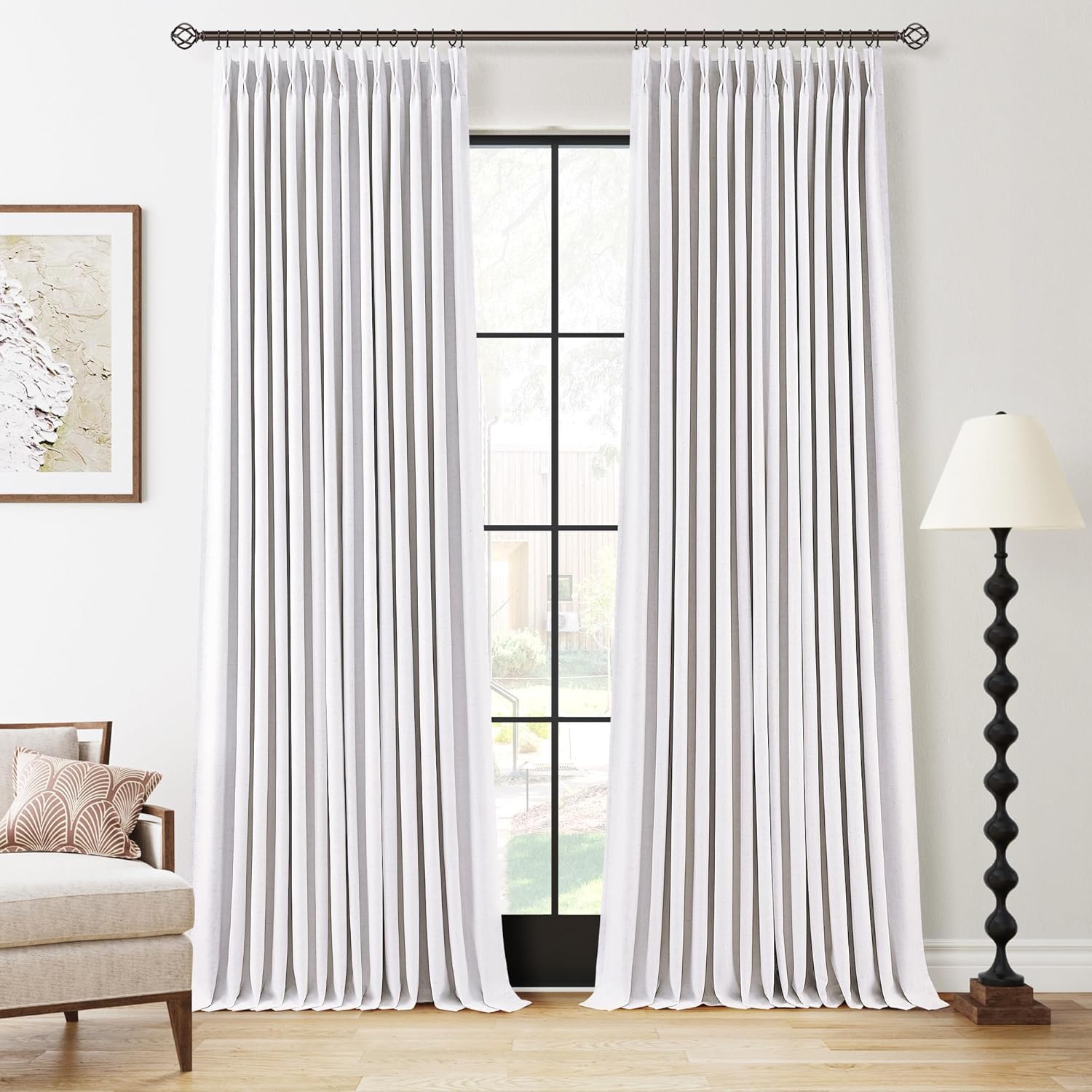 100% Blackout Pinch Pleated Curtains Linen 90 Inches Long for Bedroom 2 Panels Set Full Black Out Thermal Insulated Curtain Natural Boho Farmhouse Pinch Pleat Double Layer Room Darkening Drapes Cream