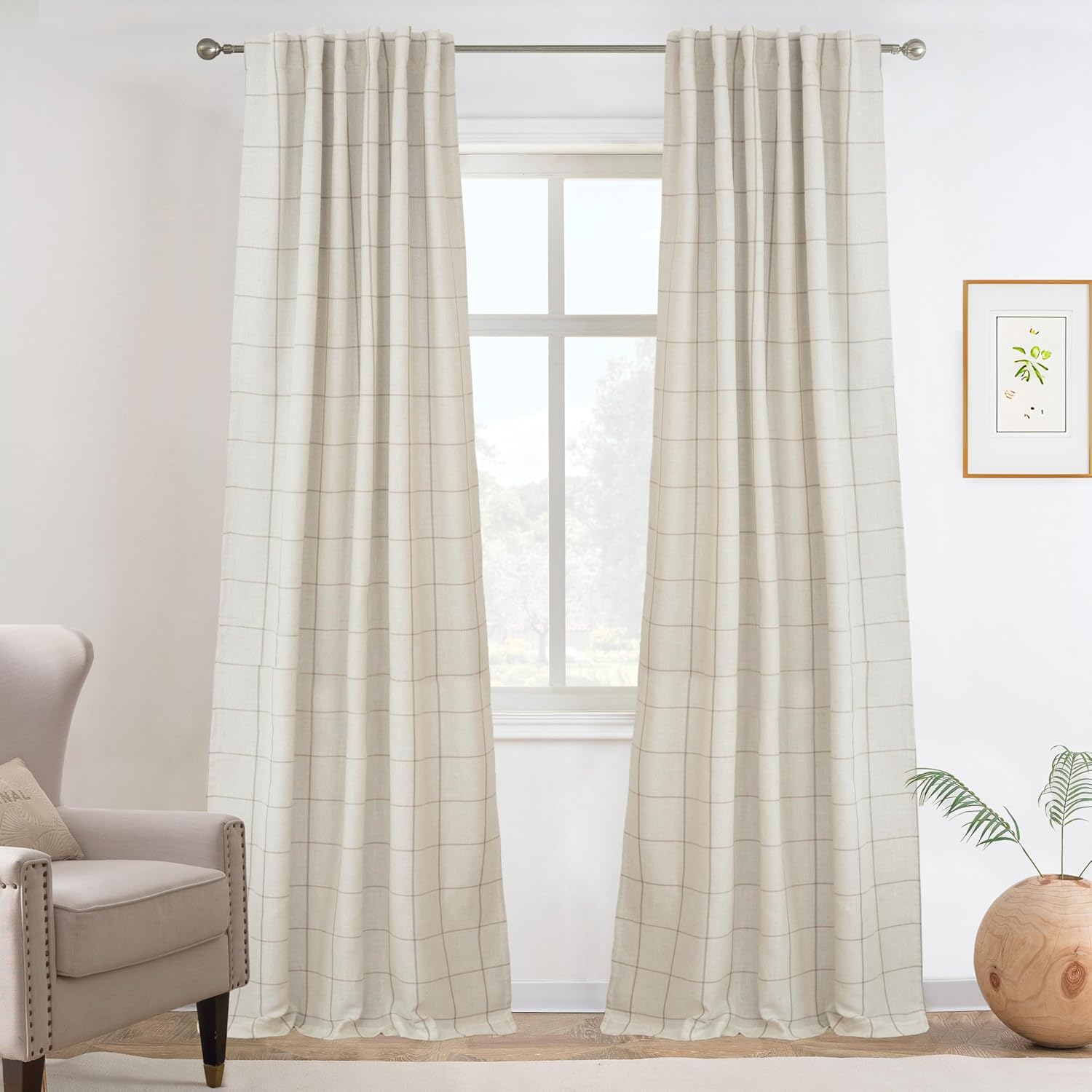 DriftAway 2 Panels 100% Blackout Windowpane Plaid Linen Curtains Double Layer Drapes for Bedroom 84 Inches Long Farmhouse Thermal Insulated 3.25 Inch Rod Pocket Back Tab for Living Room Taupe