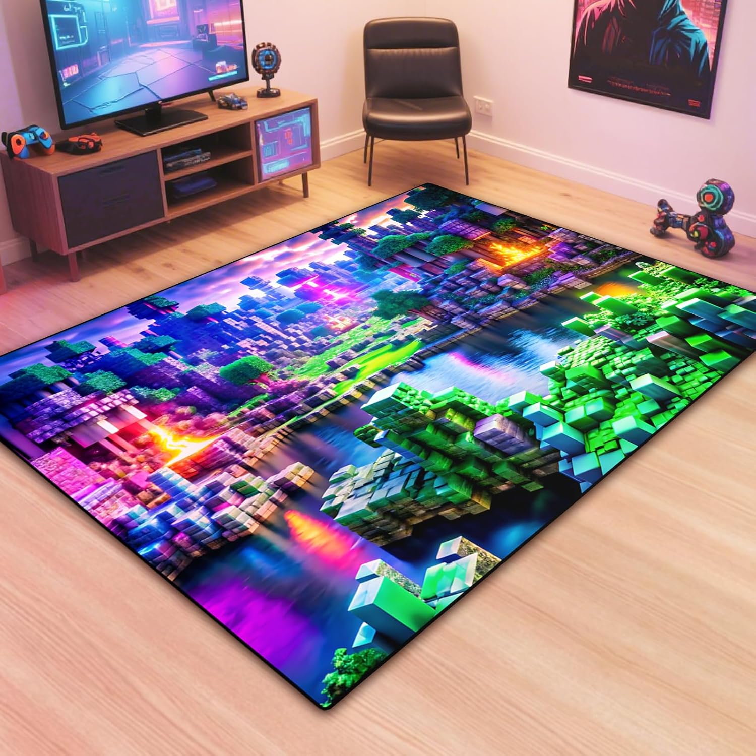 Block Game Rug Teen Kids Carpet, Pixel Games Scene Decoration Mat, Washable Cube Block Game Rugs for Boy’s Bedroom Living Room Playroom, Non-Slip Children Gaming Area Rugs (Green Village, 79" x 59")