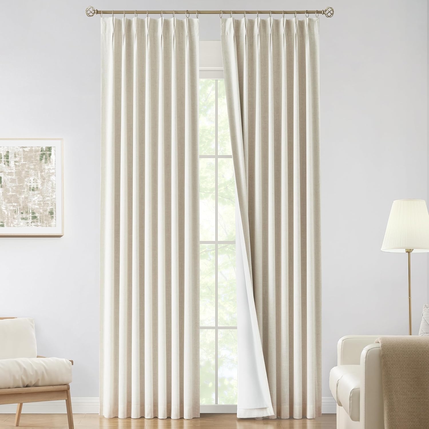 Vision Home Natural Pinch Pleated Full Blackout Curtains Linen Blended Room Darkening Window Curtains 90 inch for Living Room Bedroom Thermal Insulated Pinch Pleat Drapes with Hooks 2 Panel 40"Wx90"L