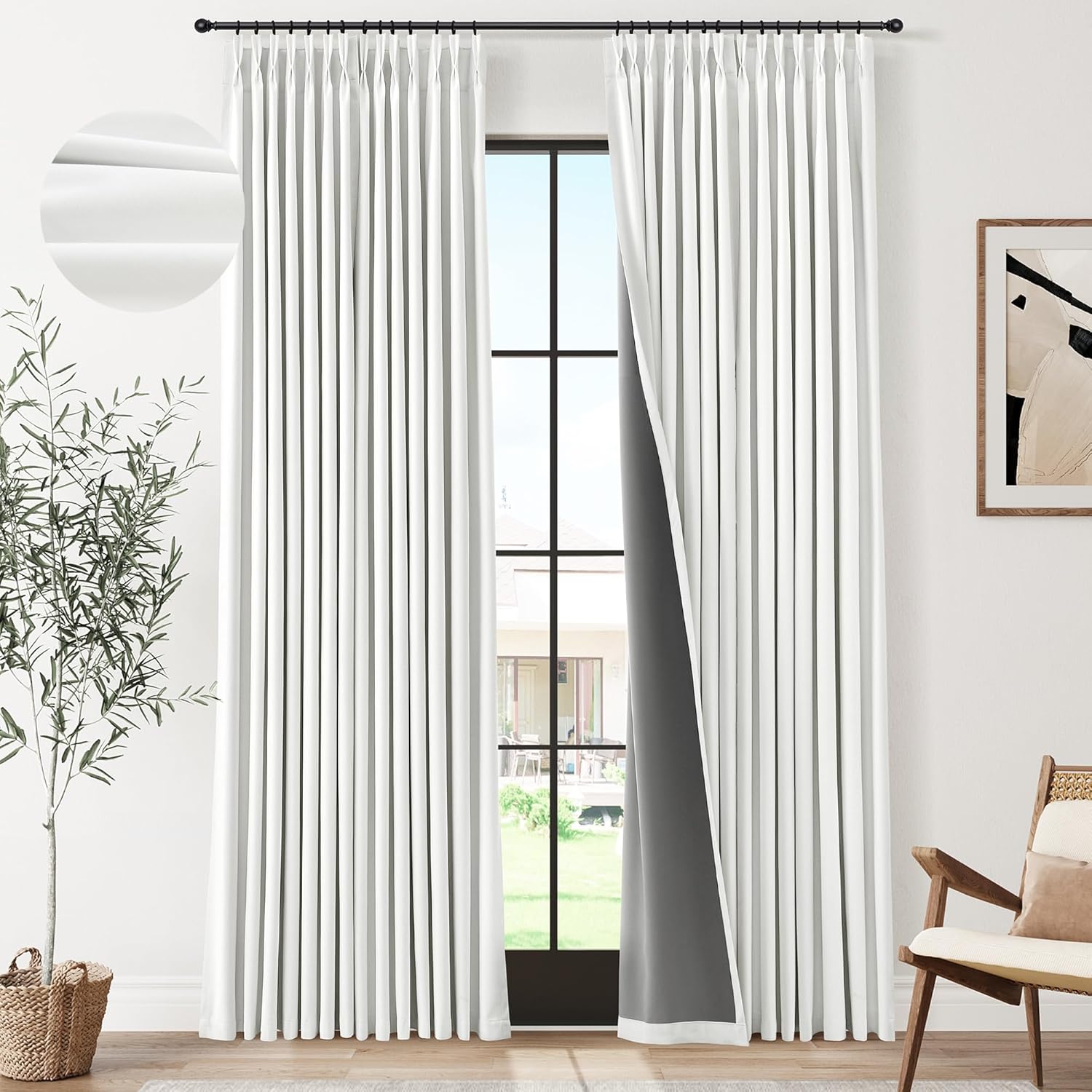 Pinch Pleated 100% Blackout Linen Curtains 96 Inches Long for Bedroom Living Room Memory Trained Pinch Pleat Linen Curtains Rustic Farmhouse Thermal Insulated Natural Cream Pleated Drapes 8ft 40x96