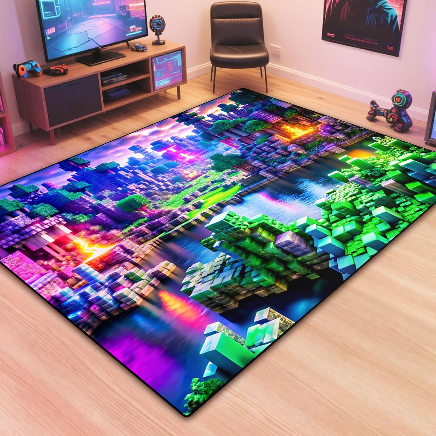 Block Game Rug Teen Kids Carpet, Pixel Games Scene Decoration Mat, Washable Cube Block Game Rugs for Boy’s Bedroom Living Room Playroom, Non-Slip Children Gaming Area Rugs (Green Village, 79" x 59")