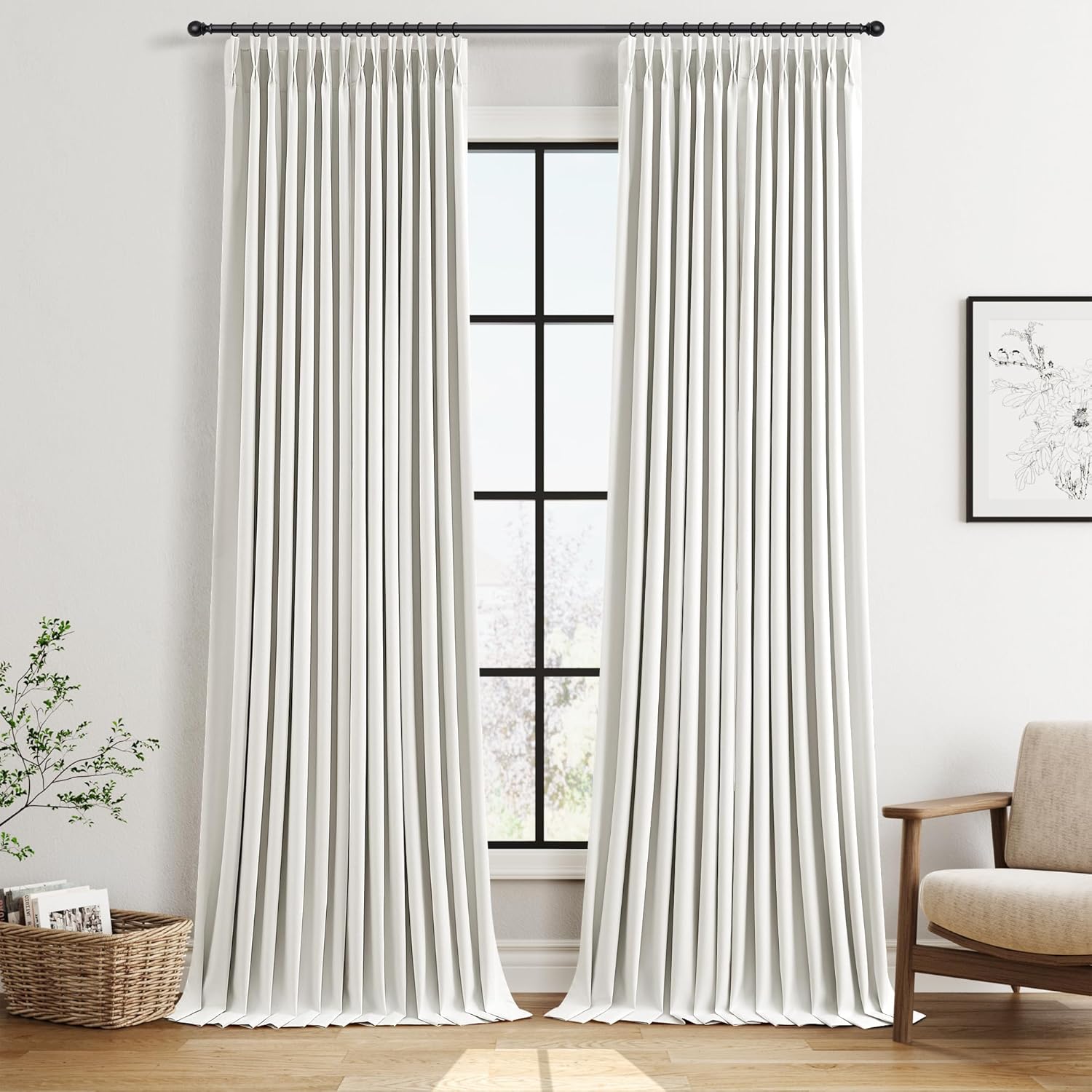Pinch Pleated 100% Blackout Linen Curtains 96 Inches Long for Bedroom Living Room Memory Trained Pinch Pleat Linen Curtains Rustic Farmhouse Thermal Insulated Natural Cream Pleated Drapes 8ft 40x96