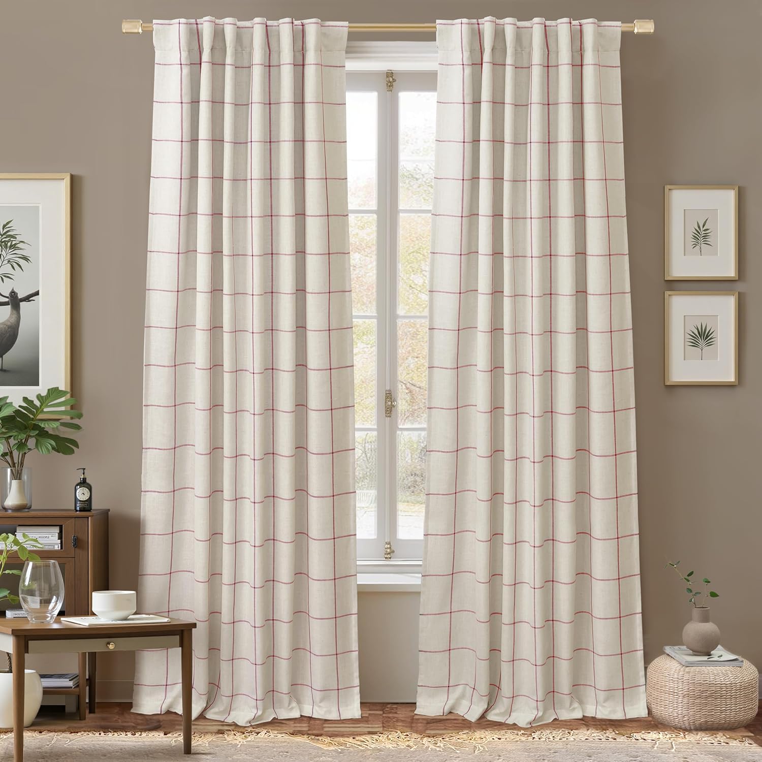 DriftAway 2 Panels 100% Blackout Windowpane Plaid Linen Curtains Double Layer Drapes for Bedroom 84 Inches Long Farmhouse Thermal Insulated 3.25 Inch Rod Pocket Back Tab for Living Room Taupe